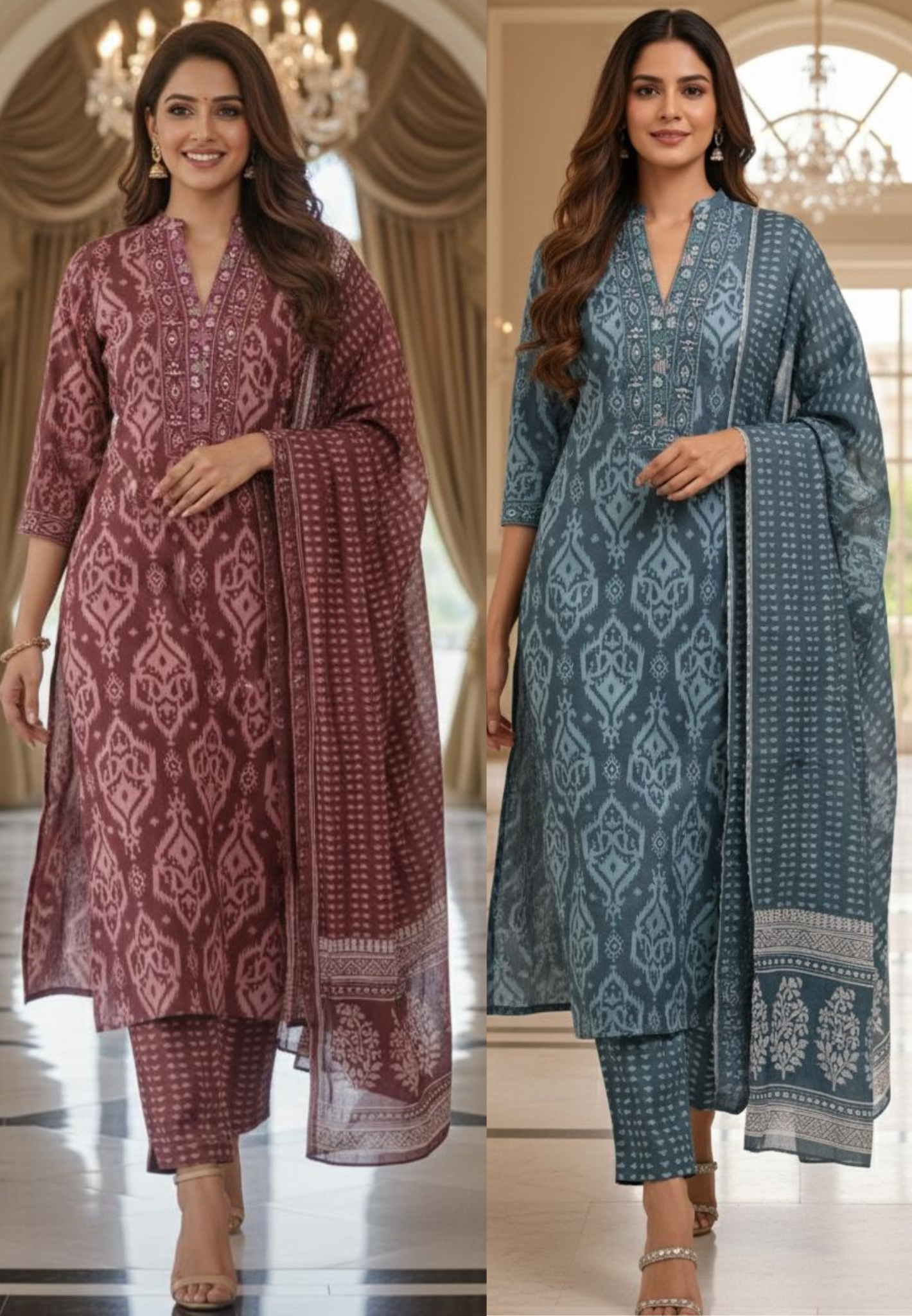 Printed Ajrakh Inspired Cotton Suit Set with Handblock Dupatta-12303,12302