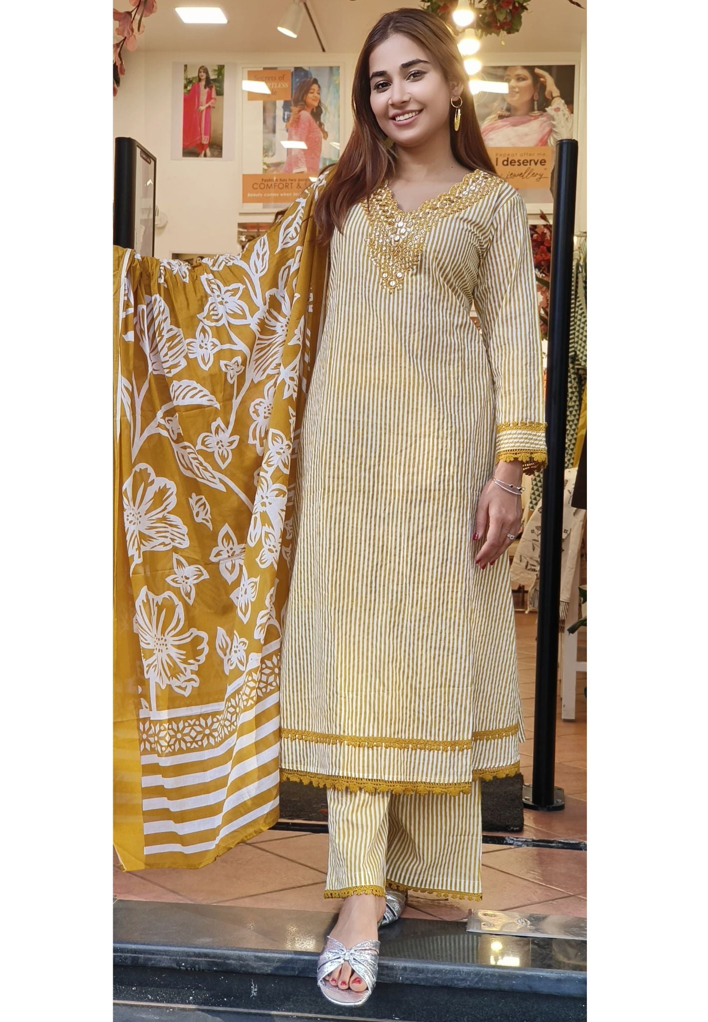 Cotton V-Neck Embroidery A-Line Kurta And Pant With Printed Dupatta -08172