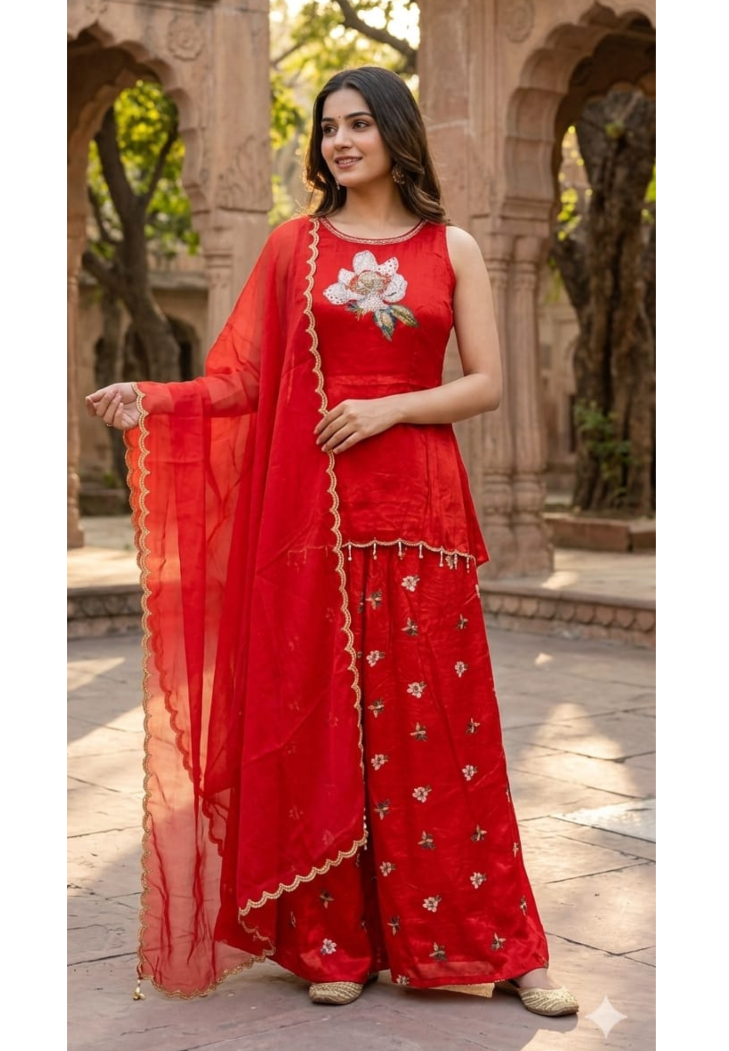 Premium Red Festive Short Length Kurti and Flared Palazzo Bottom Set with Floral Patchwork(S-