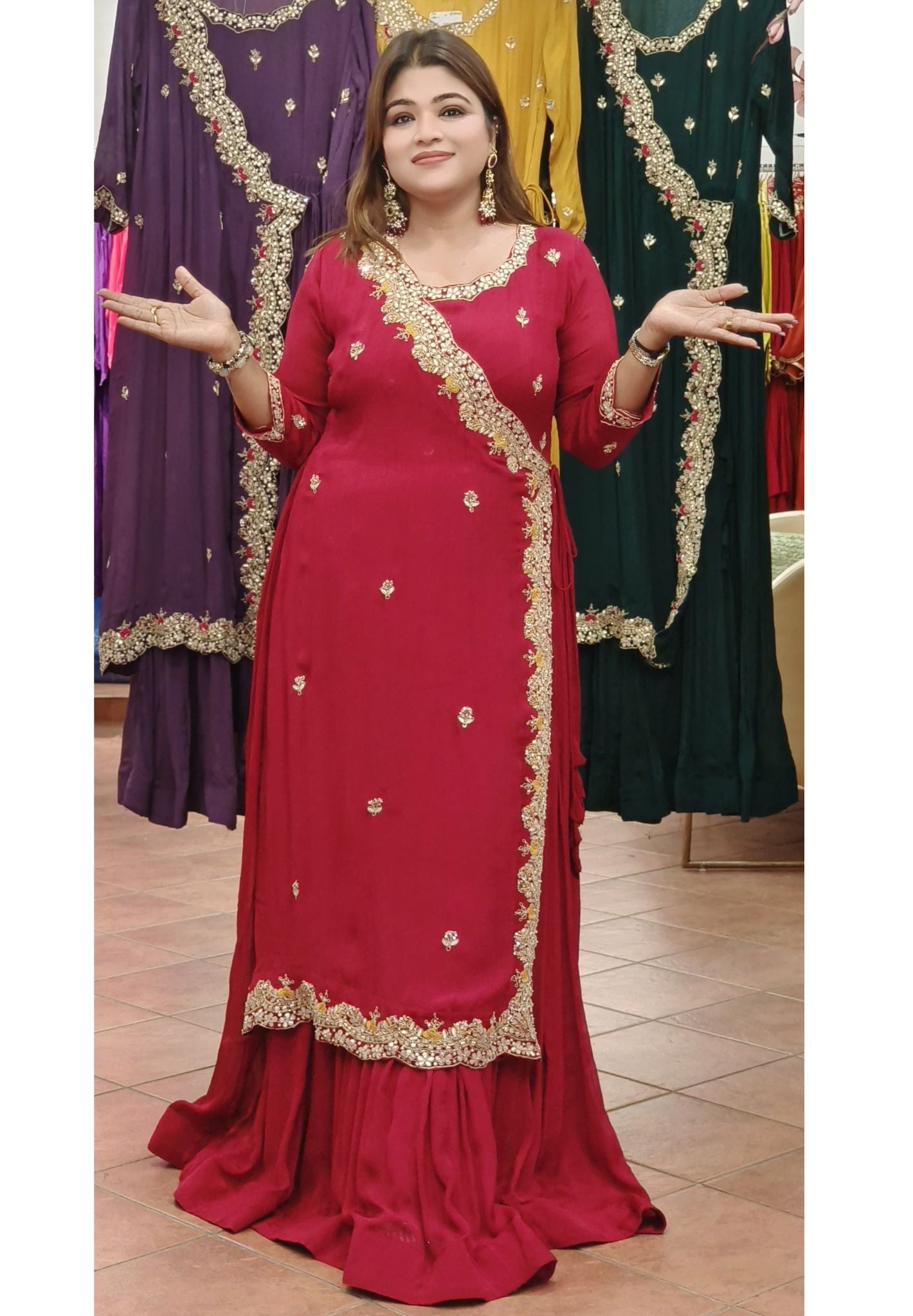 Designer Chinon Angrakha Pattern Zardosi hand embroidered Work Gown with flap style Gown