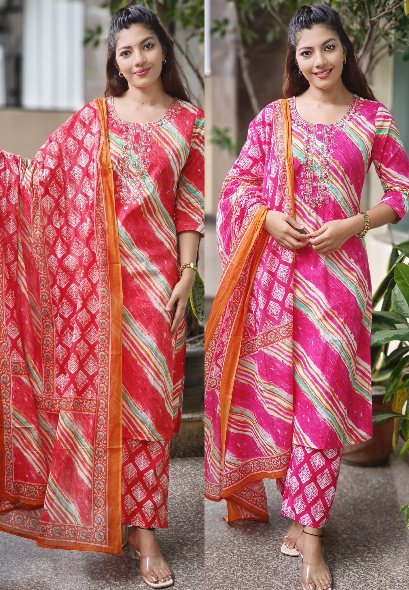 Leheriya Printed Full Suit Set With Dupatta In Cotton Fabric