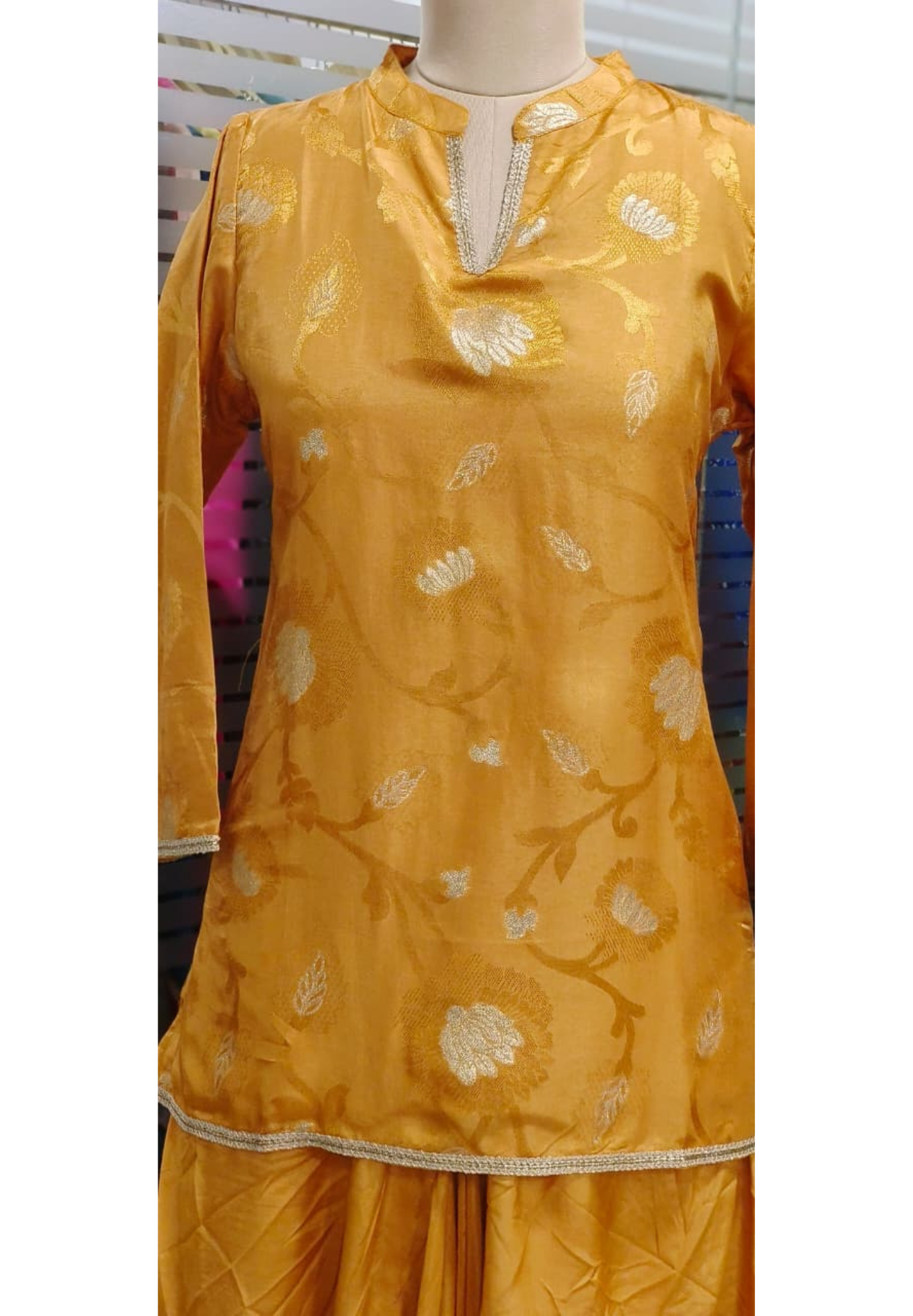 Tissue In Brocade Touch Mandarin Collared Kurta With Cowl Style Skirt With Minimal Border In Silk Fabric- 11816, 11815