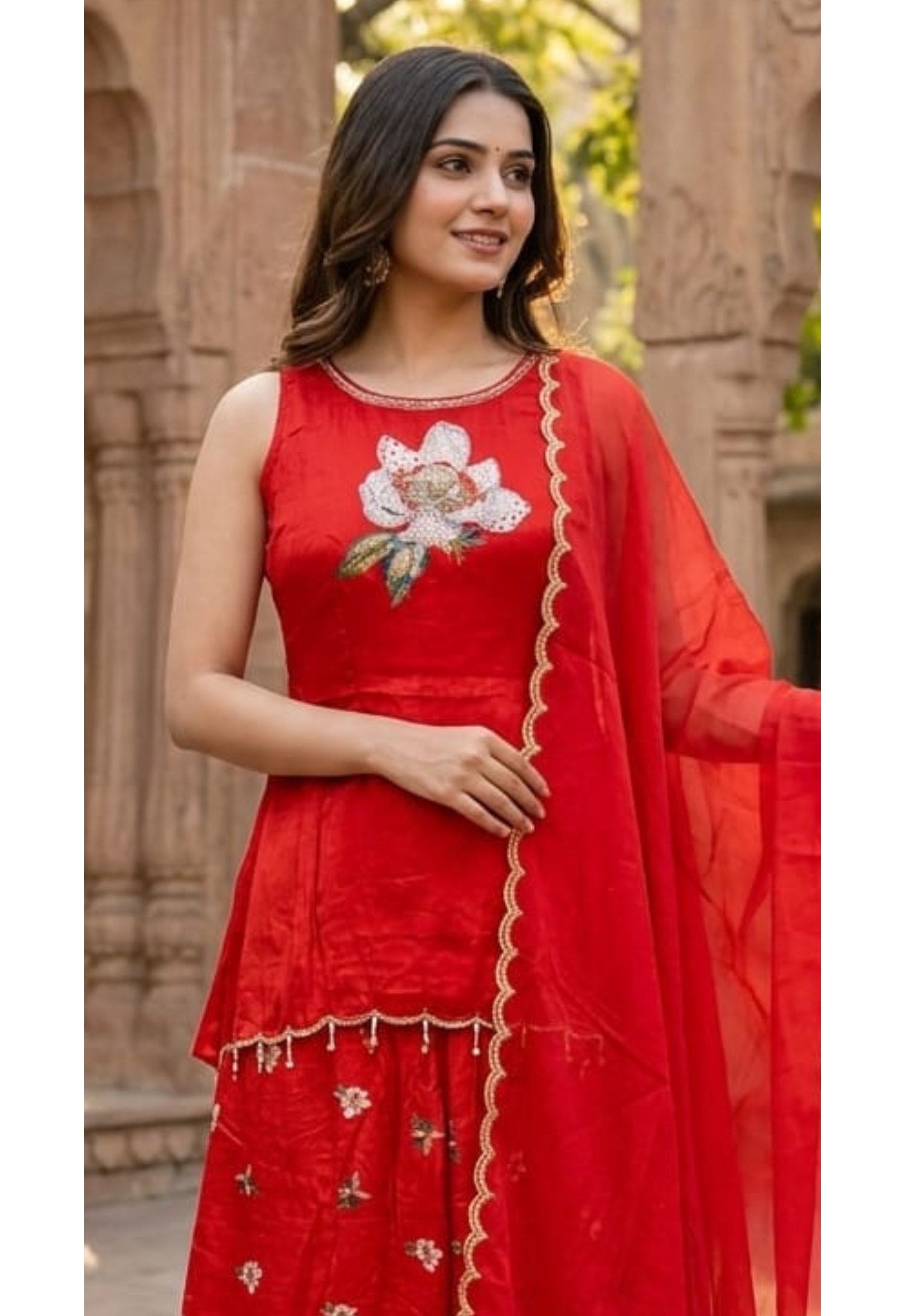 Premium Red Festive Short Length Kurti and Flared Palazzo Bottom Set with Floral Patchwork(S-