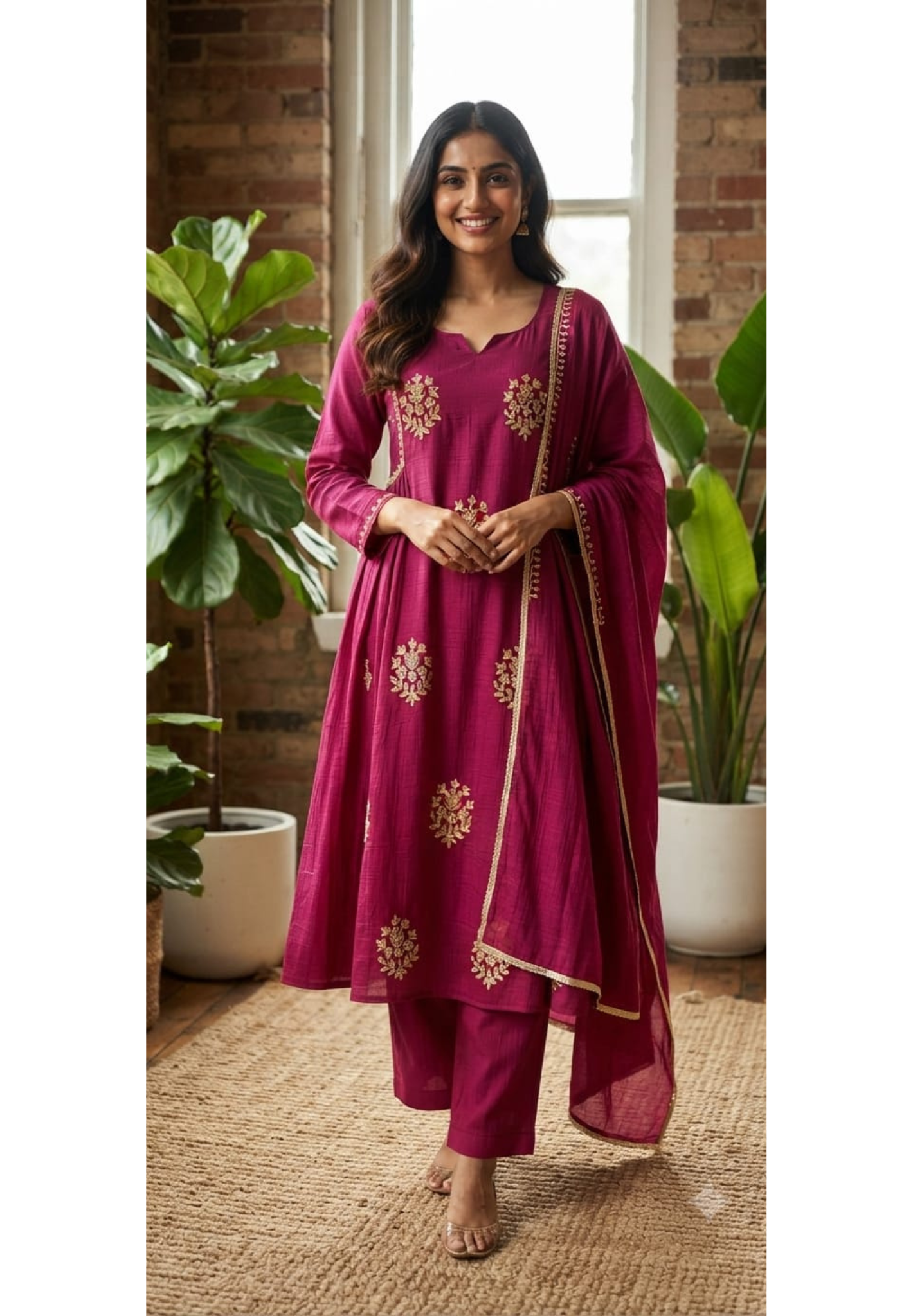 Crush Surat Mul-Chanderi Embroidered Side Pleated A-Line Full Suit Set with Dupatta- 15423