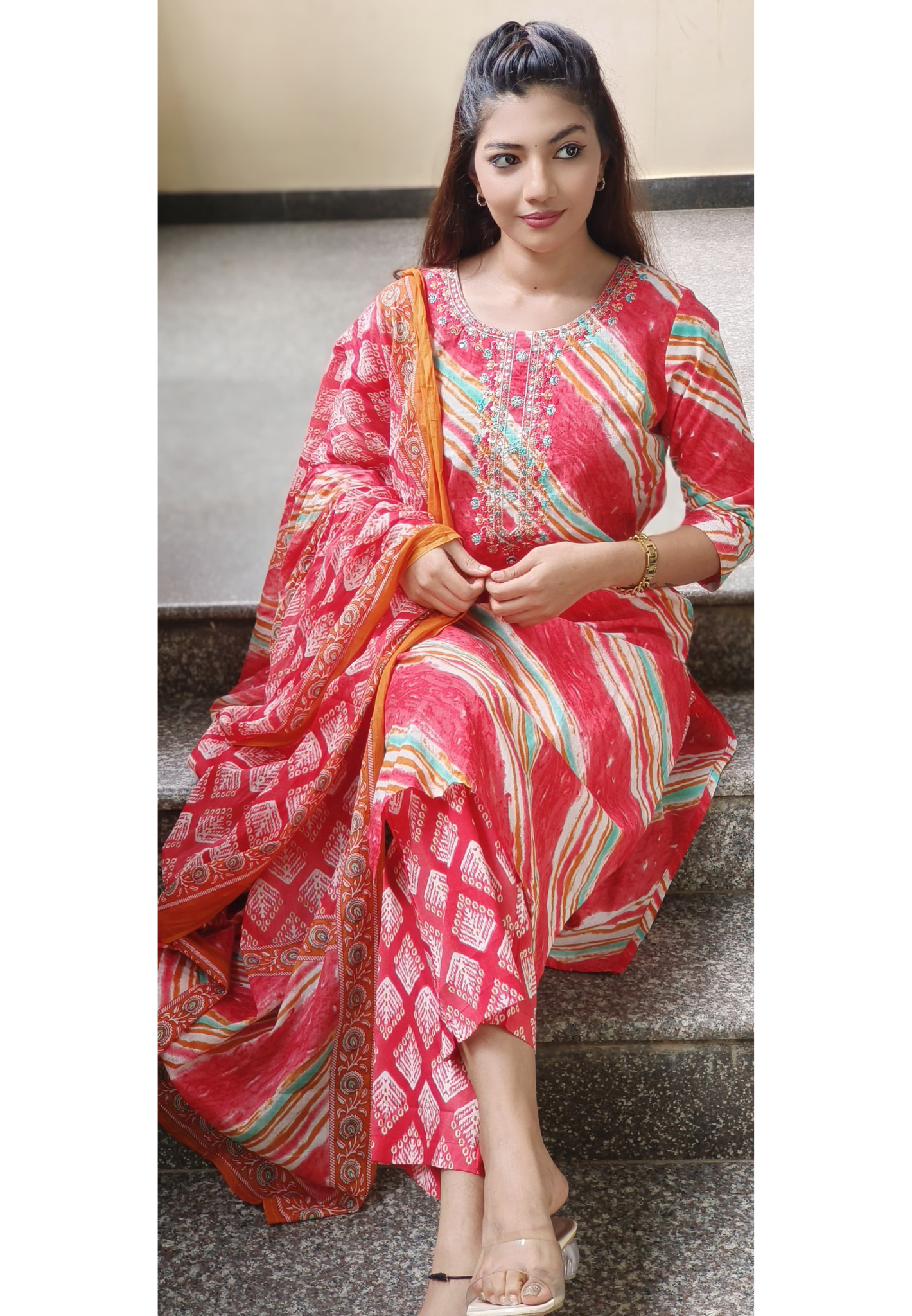Leheriya Printed Full Suit Set With Dupatta In Cotton Fabric