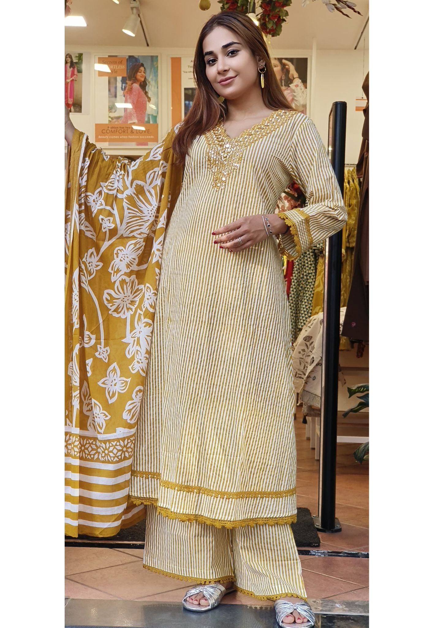 Cotton V-Neck Embroidery A-Line Kurta And Pant With Printed Dupatta -08172