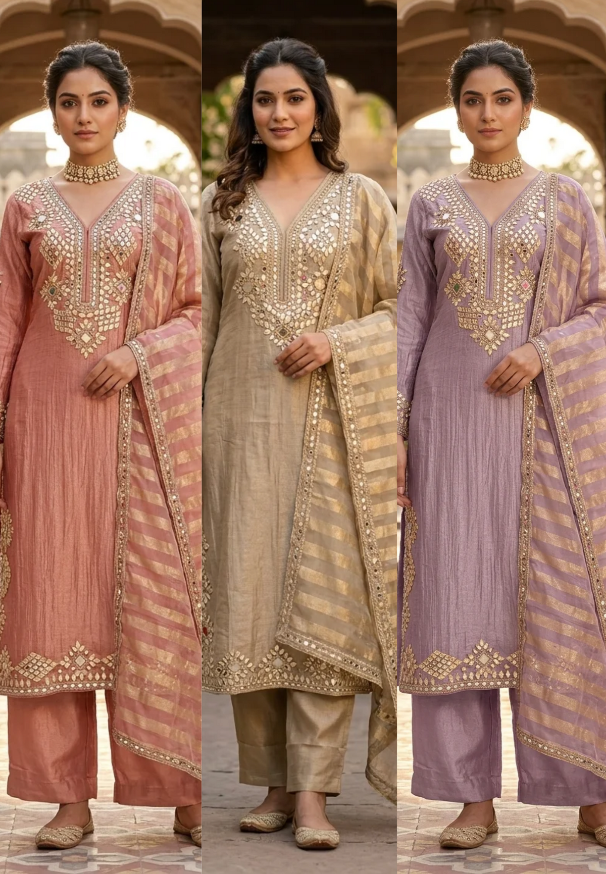 Heavy Premium Tissue Real Mirror Hand Embroidery Heavy Party Wear Full Suit Set With Striped Dupatta- 16867