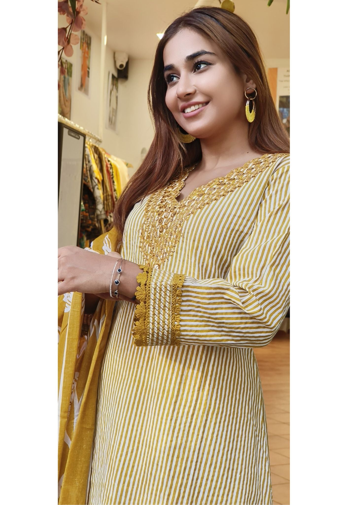 Cotton V-Neck Embroidery A-Line Kurta And Pant With Printed Dupatta -08172
