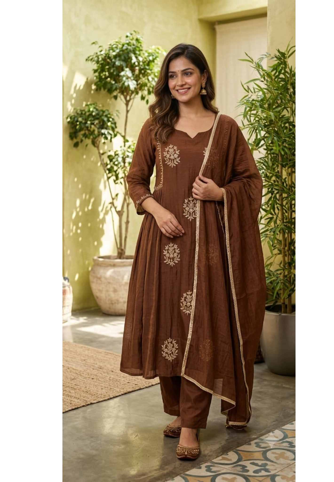 Crush Surat Mul-Chanderi Embroidered Side Pleated A-Line Full Suit Set with Dupatta- 15423
