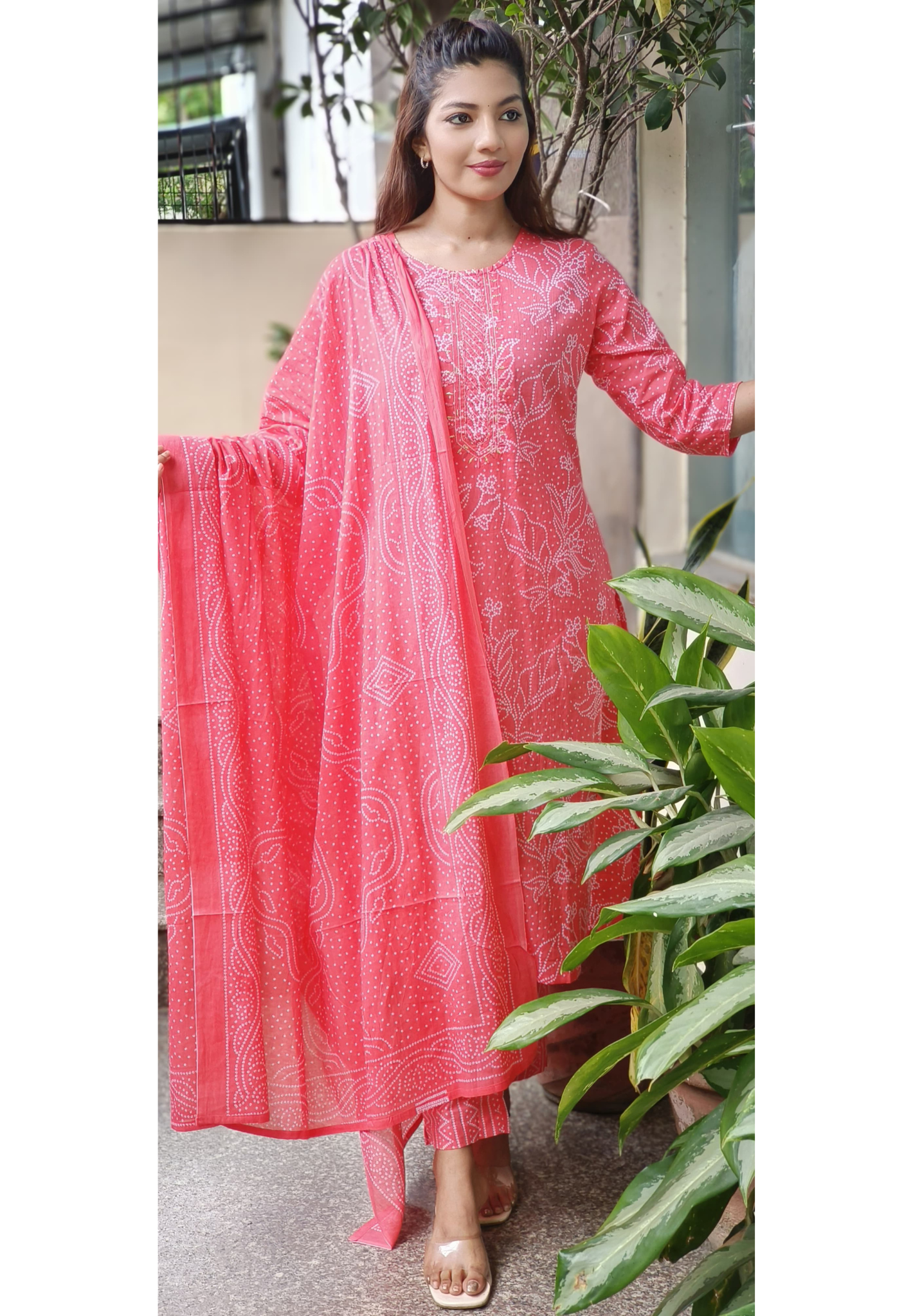 Bandhani Floral Print Straight Full Suit With Dupatta In Cotton Fabric