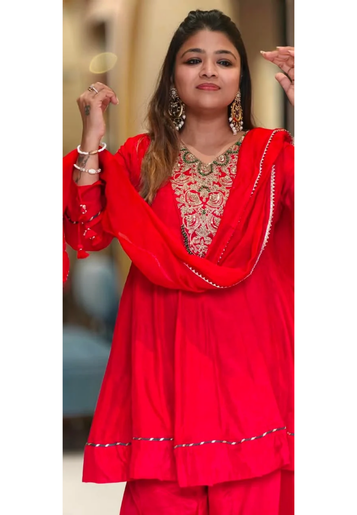 Russian Silk Short Length Panel Anarkali Style Full Suit Set With Heavy Zardosi Embroidery Yoke- 16888