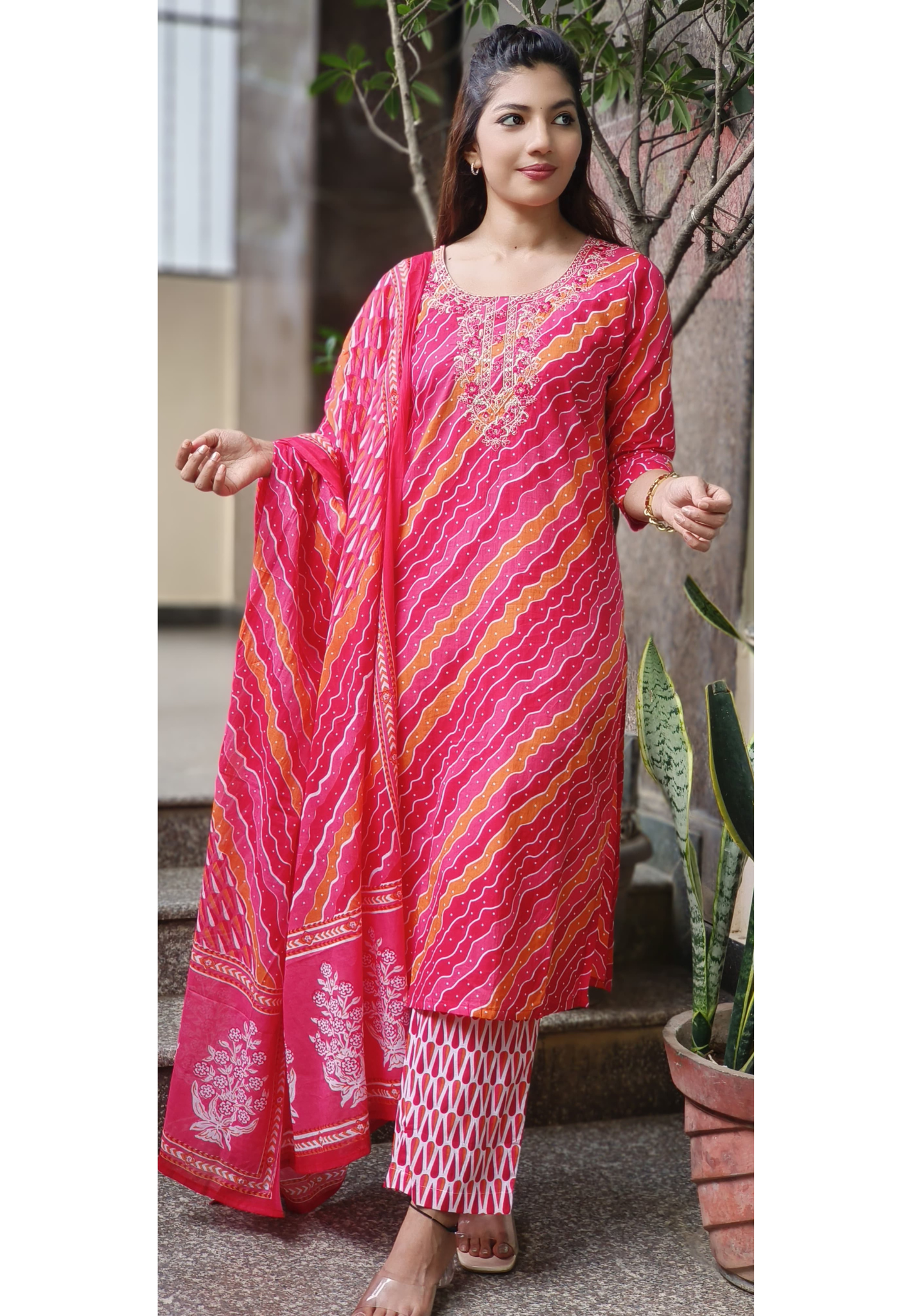 Lehriya Floral Thread Work Bright Full Suit Set With Dupatta In Cotton Fabric