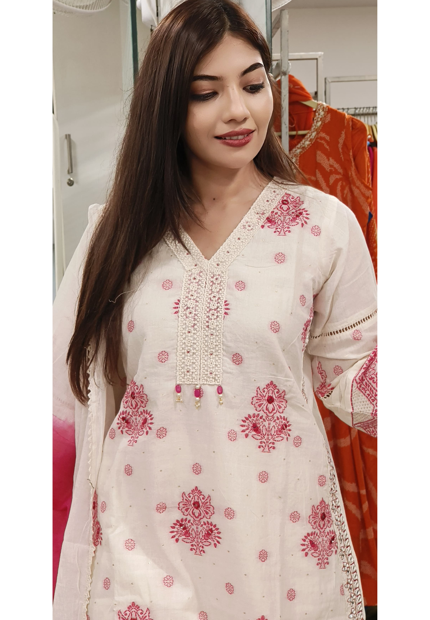 Elegant White with organza lace Embroidery Cotton Full suit set With Stylish Bottom-09351