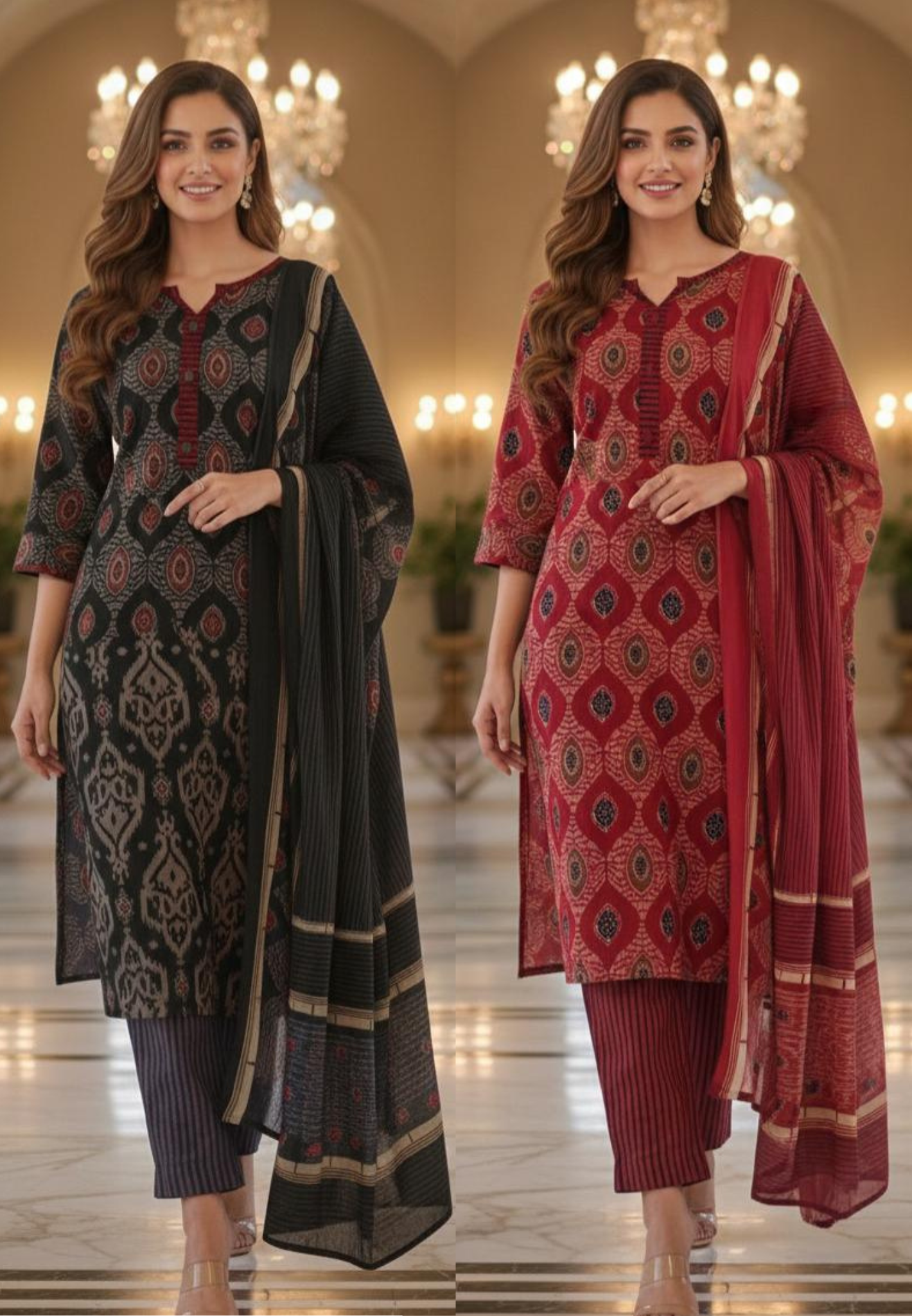 Pure Cotton Block Printed Straight Suit Set with Contrast Striped Dupatta-12242,12239