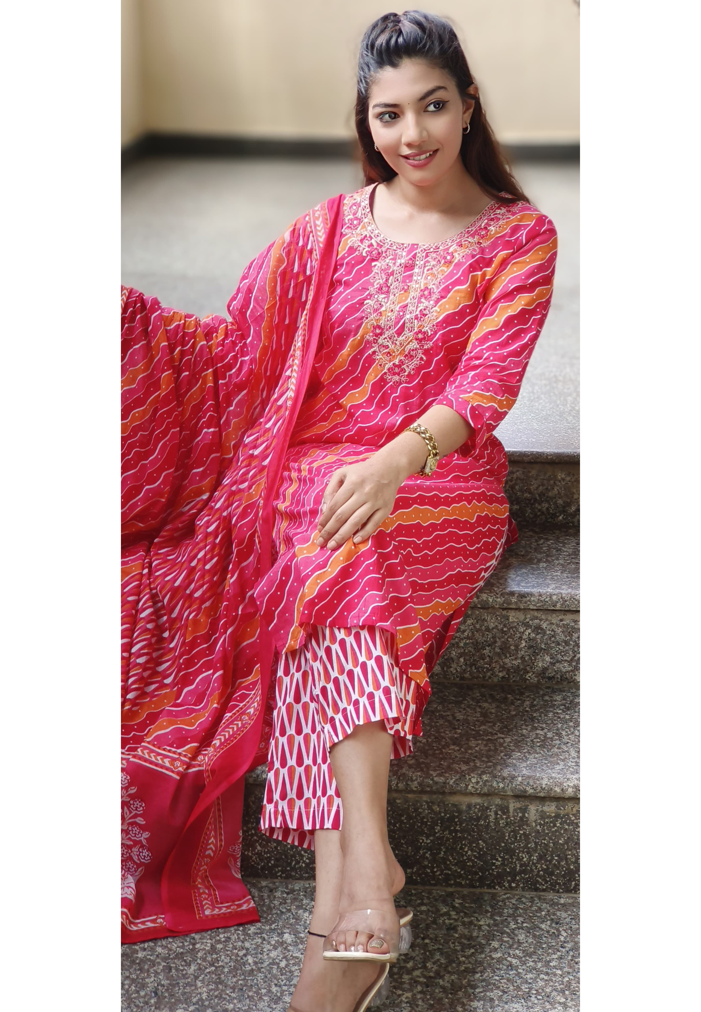 Lehriya Floral Thread Work Bright Full Suit Set With Dupatta In Cotton Fabric