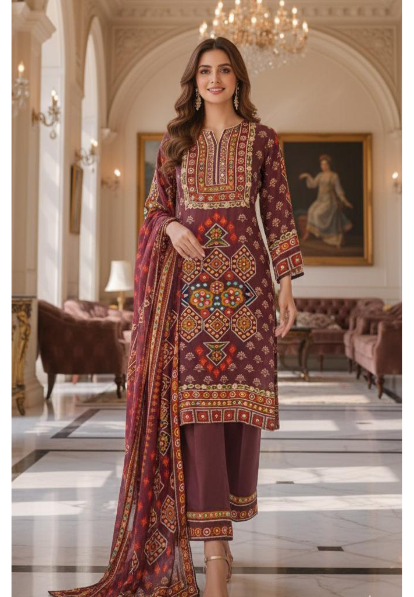 Premium Soft Crepe Straight Suit Featuring Multicolor Traditional Print, Detailed Neck Pattern and Printed Dupatta-12233