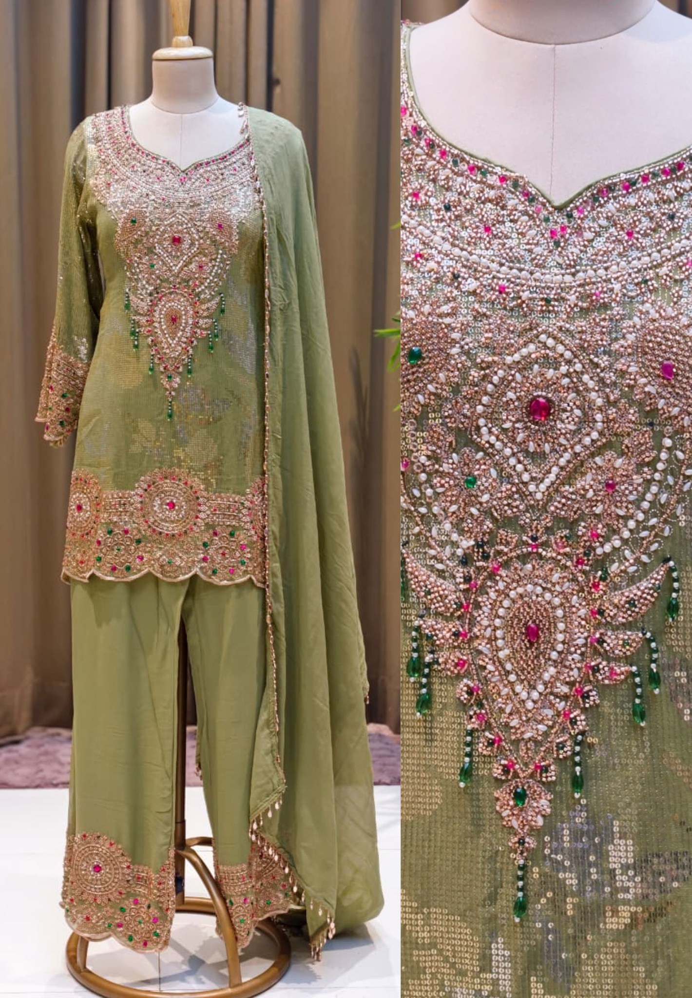 Olive Luxe Heavy Sequin & Multi Stone Embroidered Designer Kurta Palazzo Set with Dupatta-14872