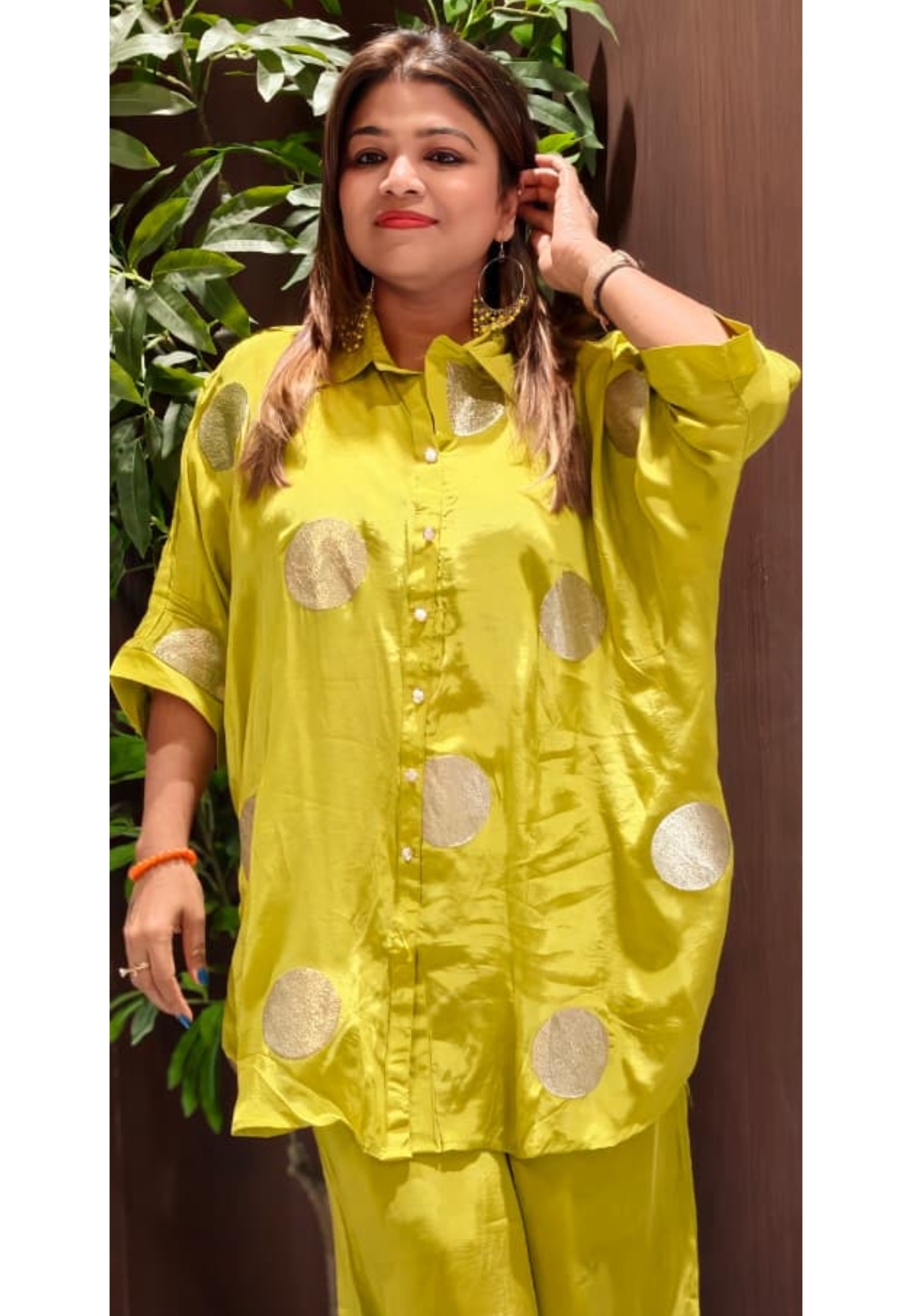 Rounded Golden Patch Premium Crepe Solid Over Sized Look Co-Ord Set- 14119 RB111