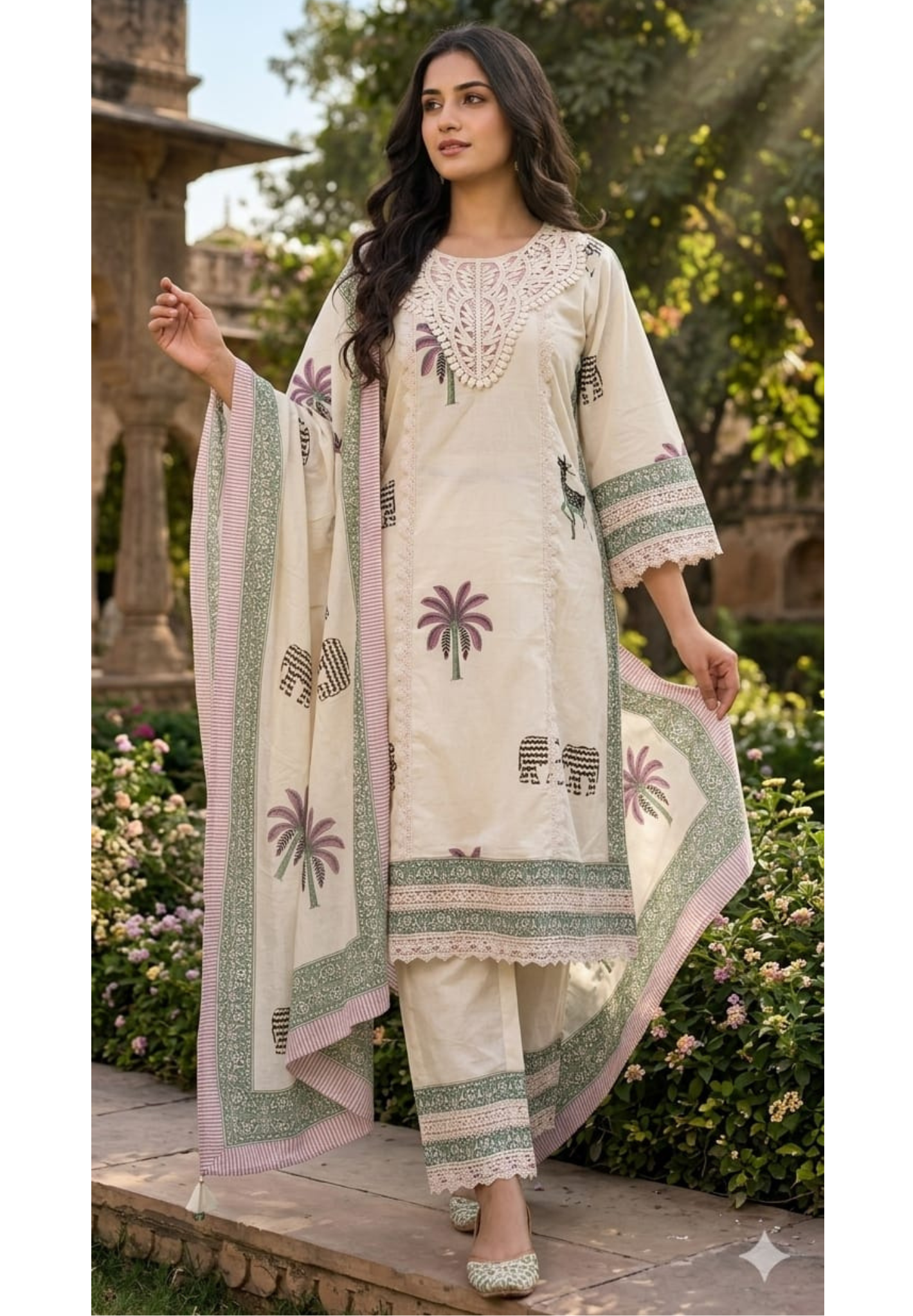 Tropical Safari Figure With Block Print A-Line Cotton Full Suit Set with Macramé Lace Yoke- 14903