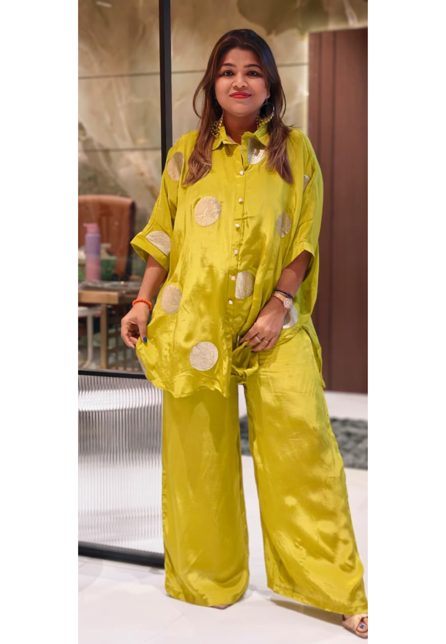 Rounded Golden Patch Premium Crepe Solid Over Sized Look Co-Ord Set- 14119 RB111