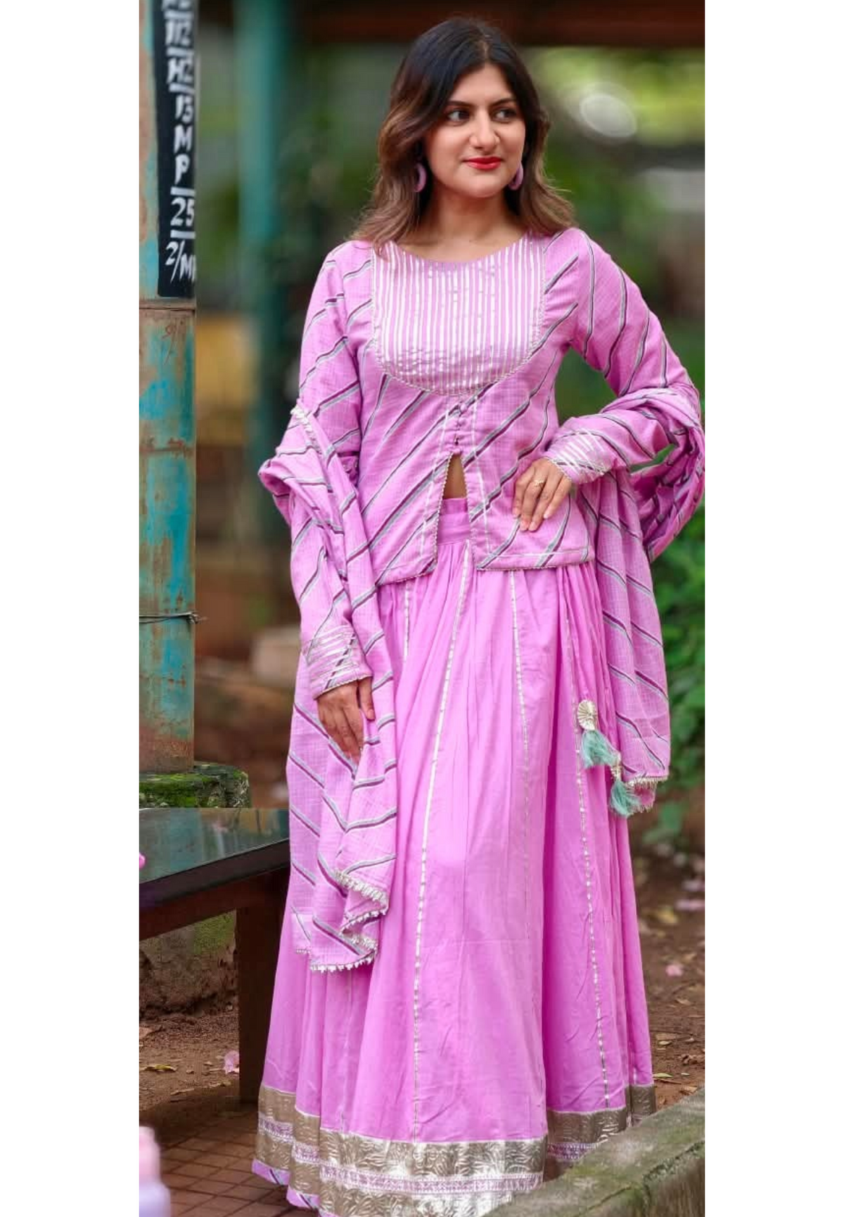 Festive Grace Leheriya Prints Gotta Patti Highlights Kota Doria Classic Front Slitted Kurta With Flared Contrasted Skirt Bottom & Dupatta- 16755 Dispatching From Monday