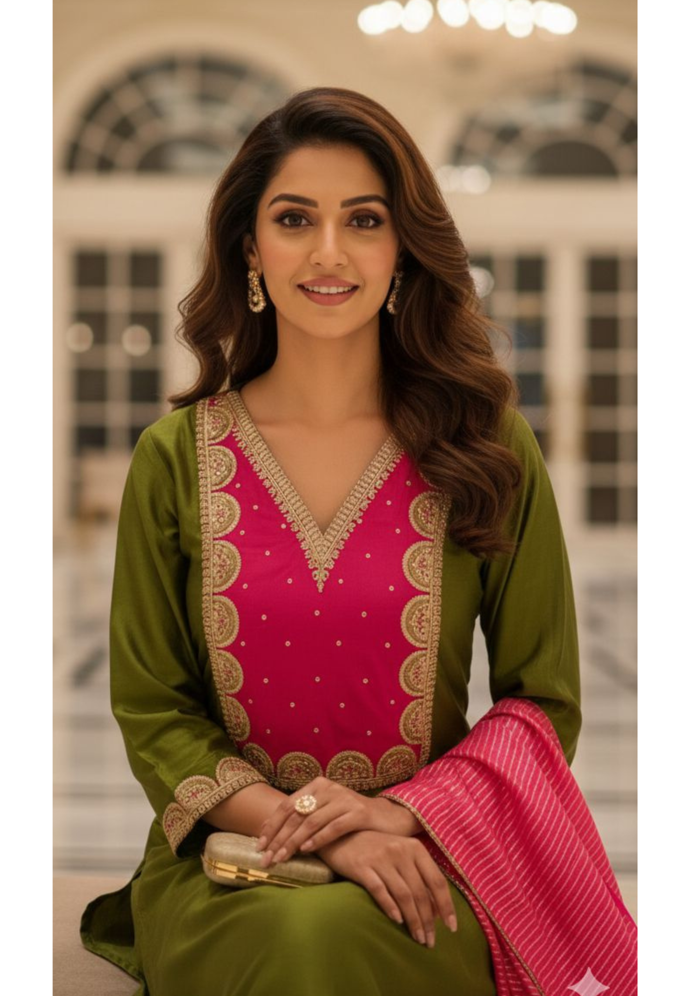 Attractive Yoke A-Line Full Suit Set With Golden Striped Dupatta In Dola Silk Fabric- 12997