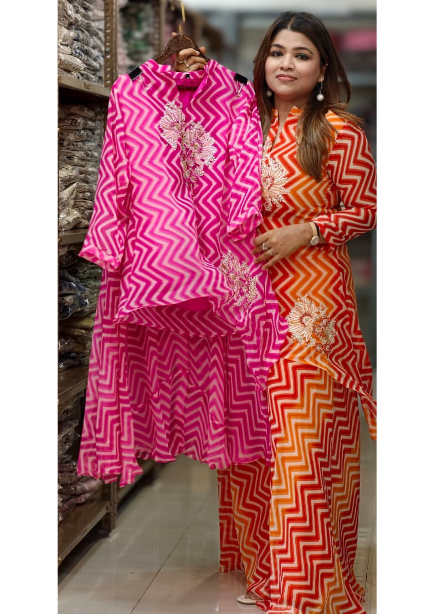 Chevron Leheriya Print Asymmetric Peplum One Side High & Low Top and Palazzo Set with Floral Zardosi Embroidery- 15429