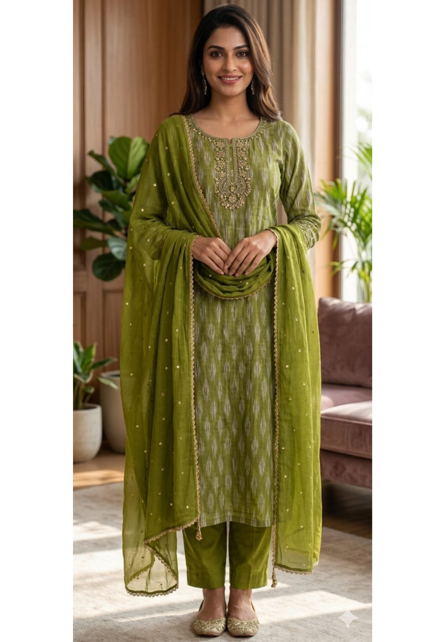 Moss Green Textured Ikat Pattern Full Suit Set with Zardosi Embroidered Neck