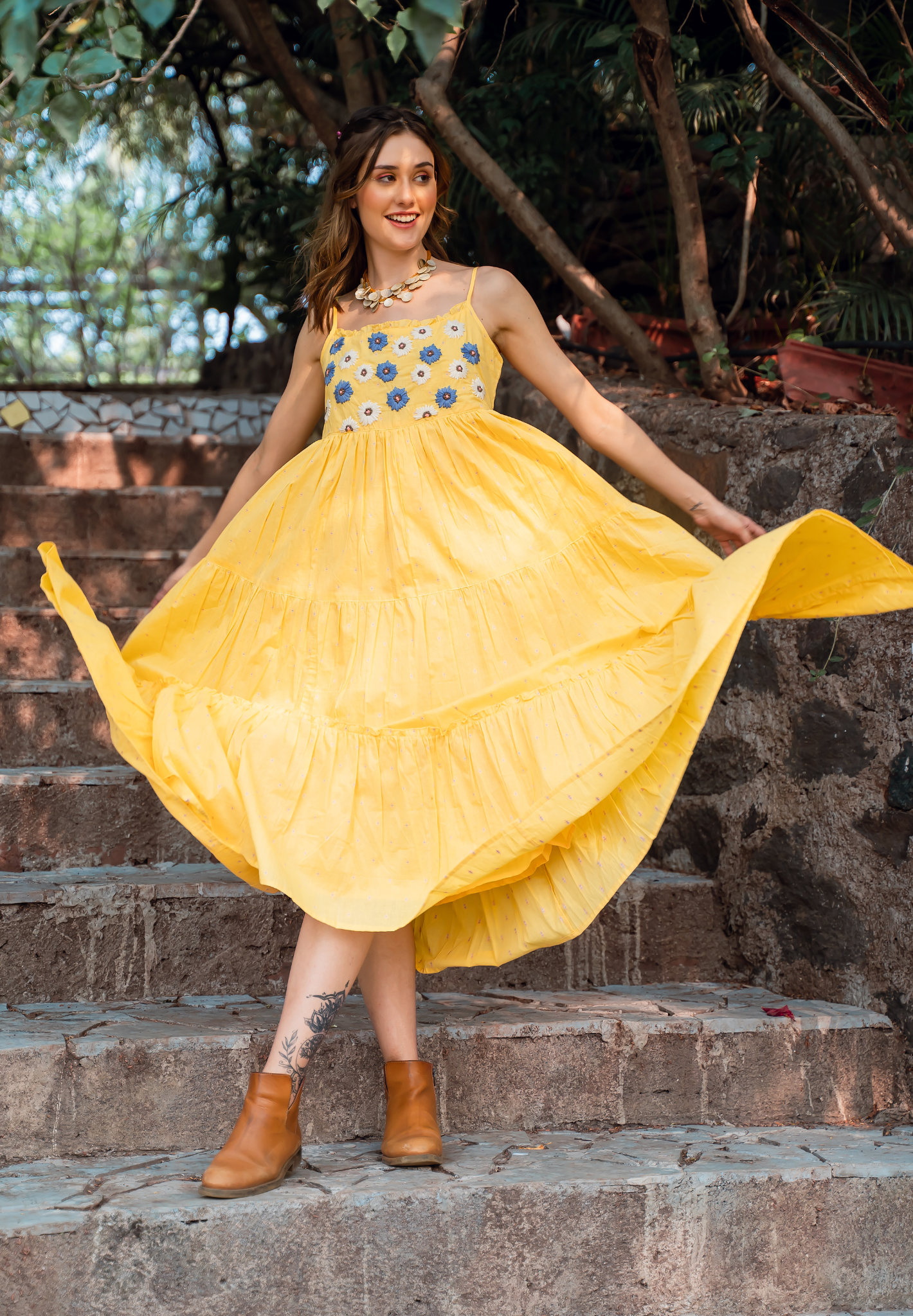Floral Embroidered Tiered Mul Cotton Midi Dress with Spaghetti Straps