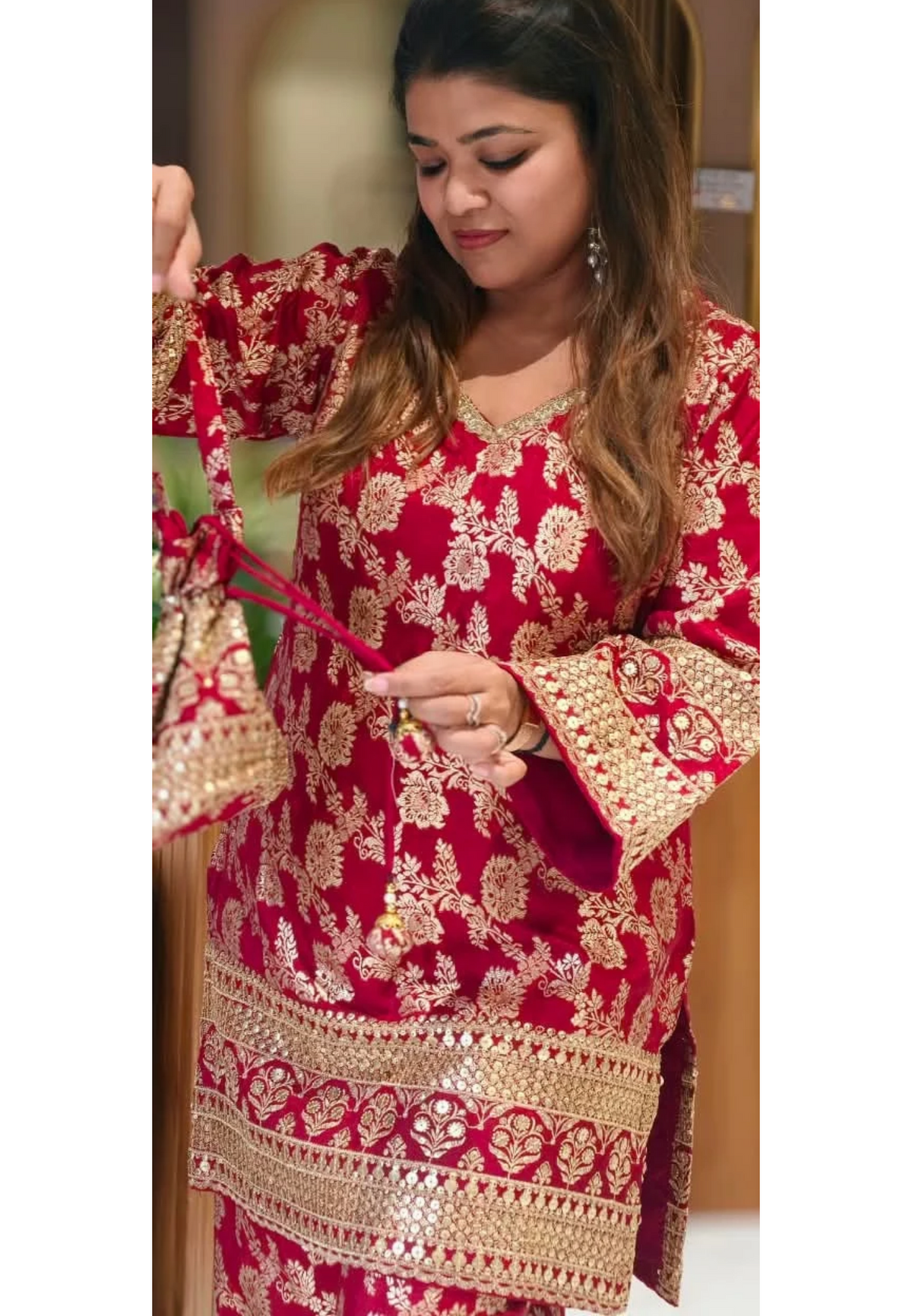 Royal Gold Foil Floral Printed Brocade Kurta Set with Heavily Embroidered Borders, Wide-Leg Palazzo Pants & Matching Potli Bag- 16868