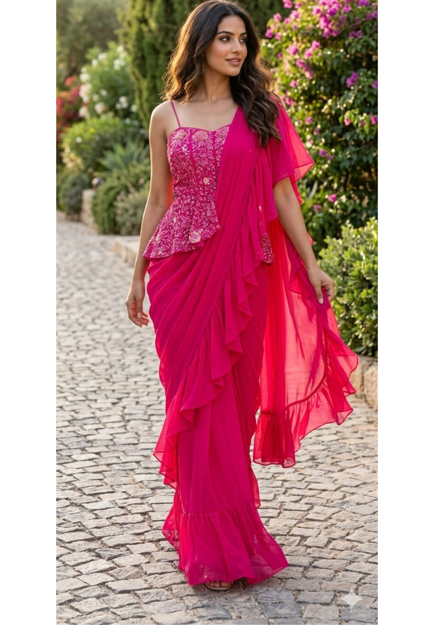 Fuchsia Royale Couture Draped Saree Gown with Heavy Sequin Embellished Corset Blouse-Dispatching after 30 days