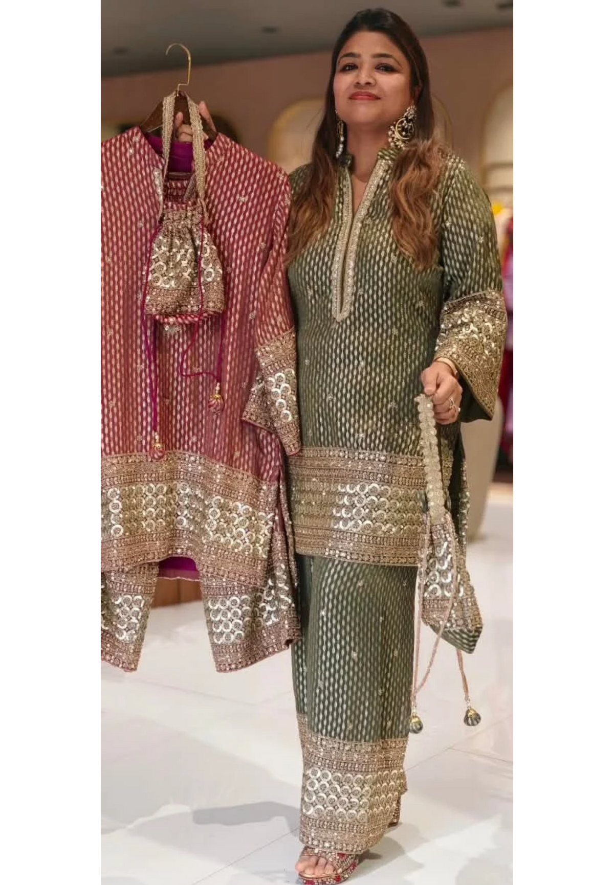Crimson Sage Abstract Printed Short Kurta Set with Heavy Circle Lace Embroidered Borders & Flared Palazzo Pants-