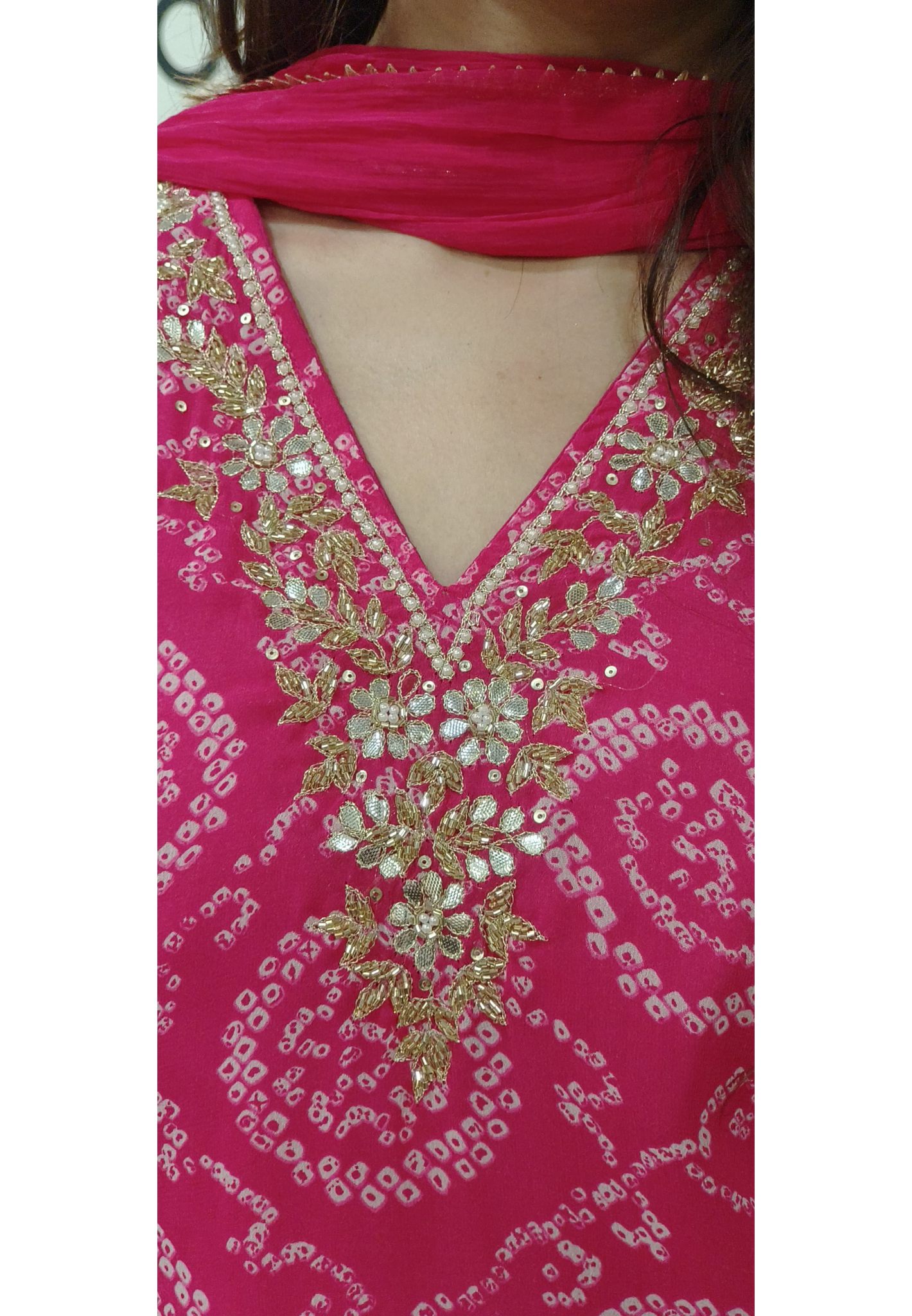 Bandhej V-Neck Handwork Full Suit Set With Dupatta In Georgette Fabric- 10102