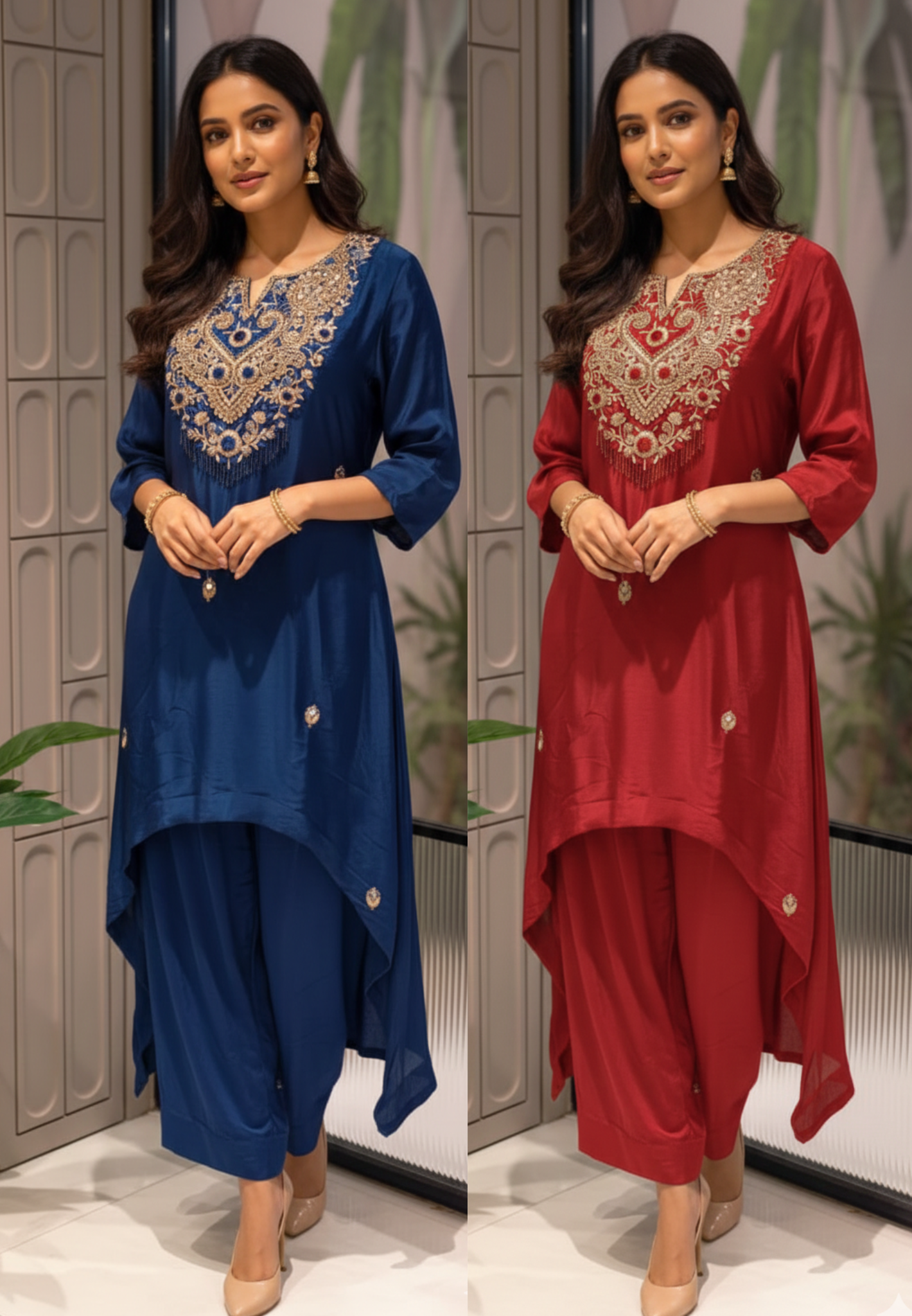 Zardozi Work Premium Hand Embroidery Tasseled Yoke High Low Kurta With Plain Bottom- 13259