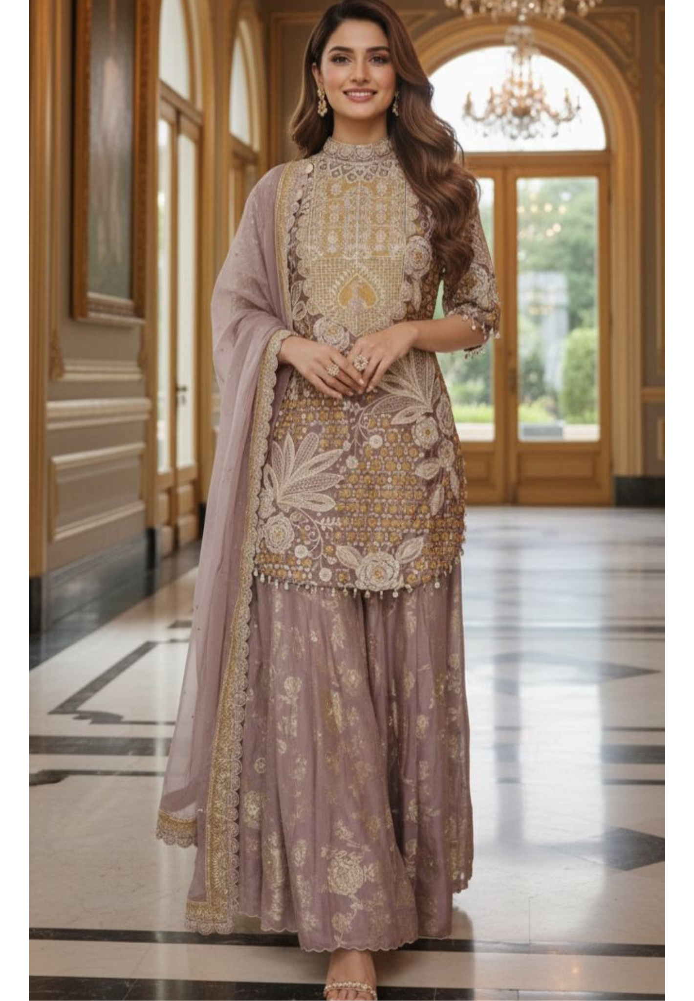 Pastel Combination Heavy Embroidered Work Tasseled Short Kurta With Brocade Panel Palazzo Bottom & Dupatta- 11744