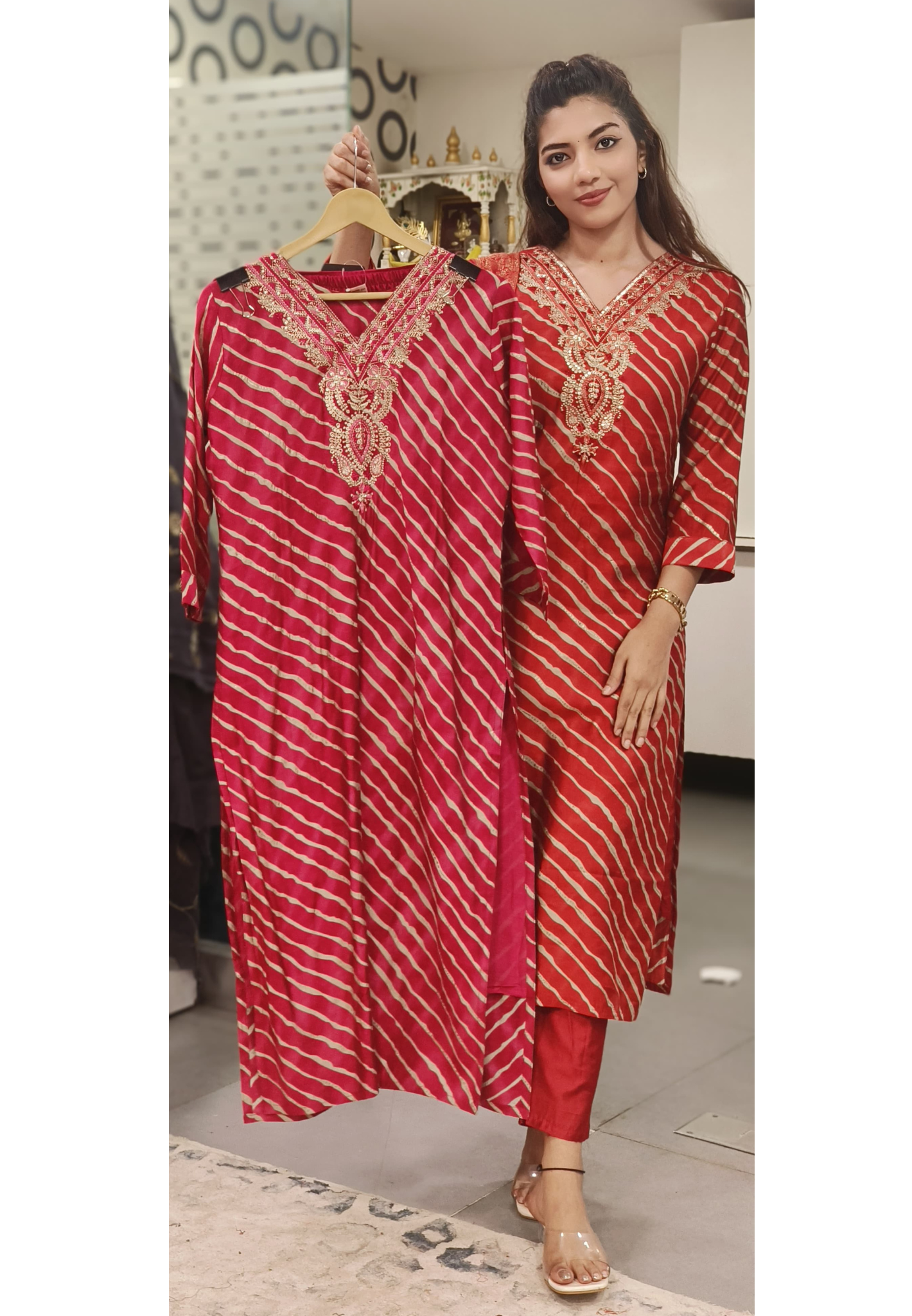 Mudal Muslin lehriya Print Embroidered Neck Full set-10274,10273