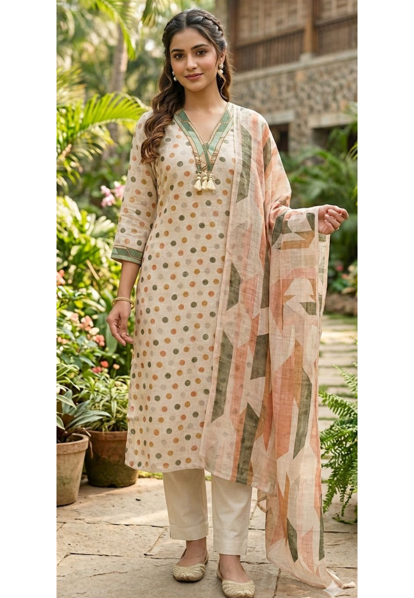 Polka Inspired Dotted Kodi Tassel V-Neck Full Suit Set With Dupatta In Checks Cotton Fabric- 13728