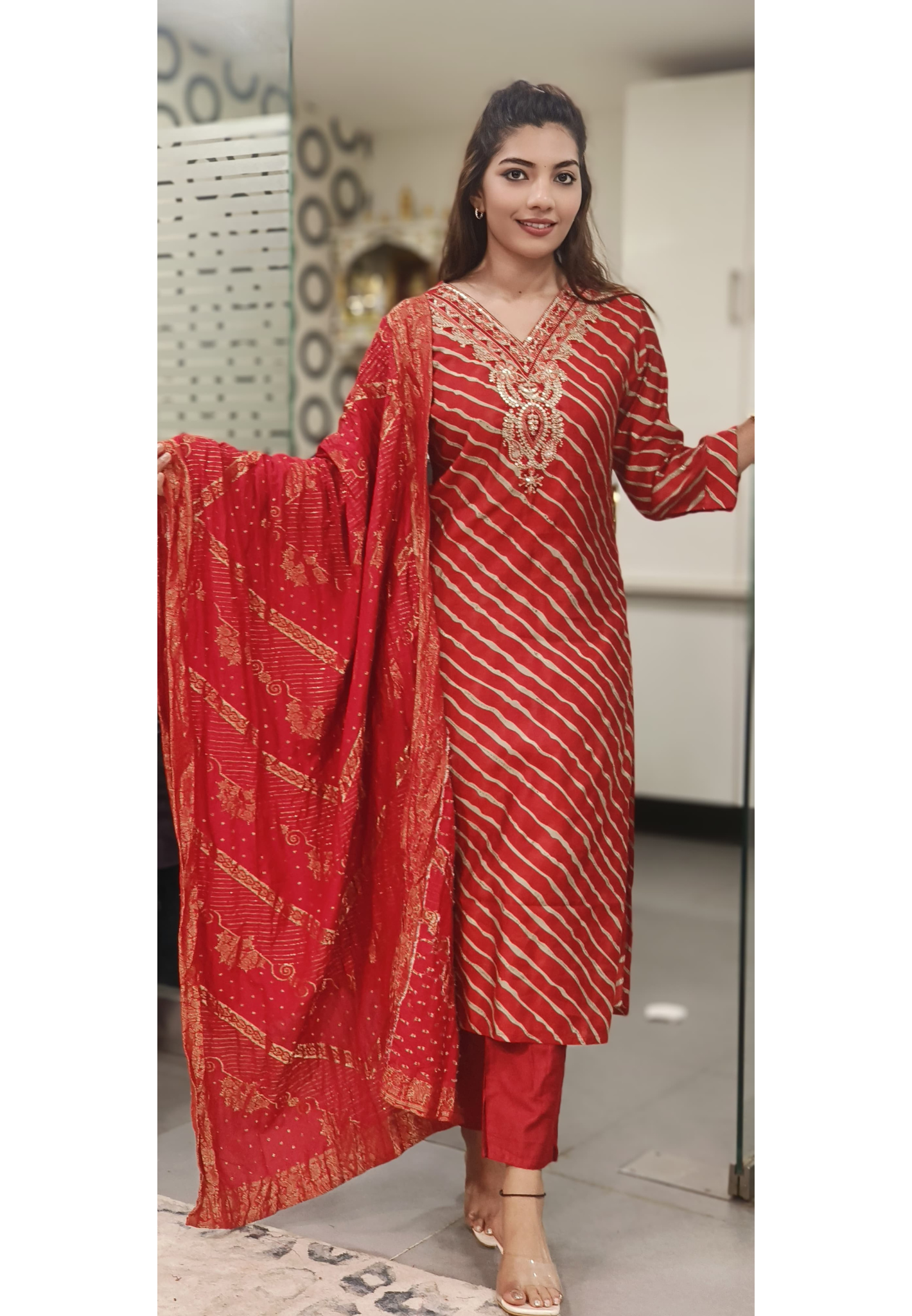 Mudal Muslin lehriya Print Embroidered Neck Full set-10274,10273