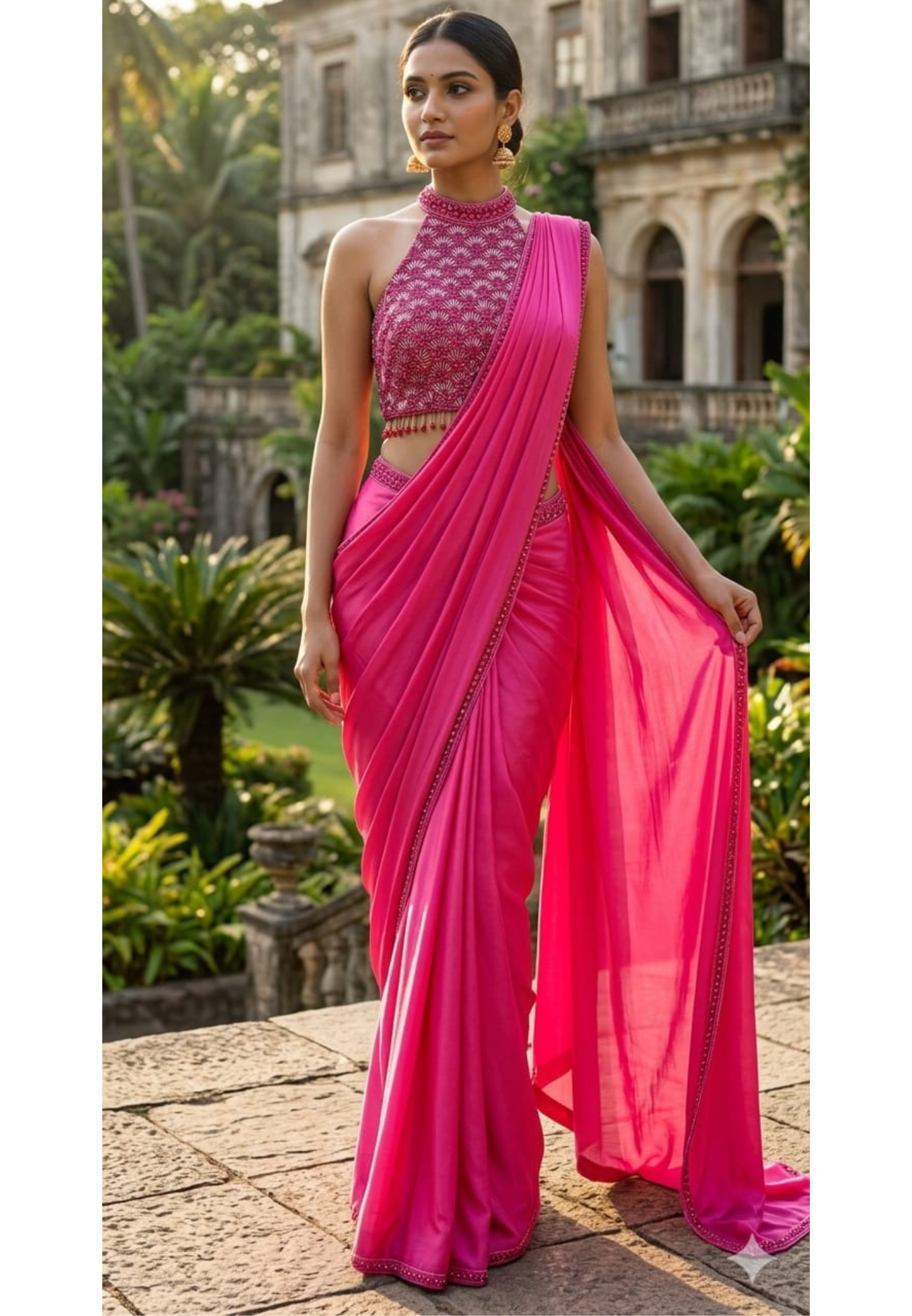 Luxury Rosé Glam Satin Drape Saree with Heavy Mirror Work Designer Blouse-14871 Dispatching after 30 Days