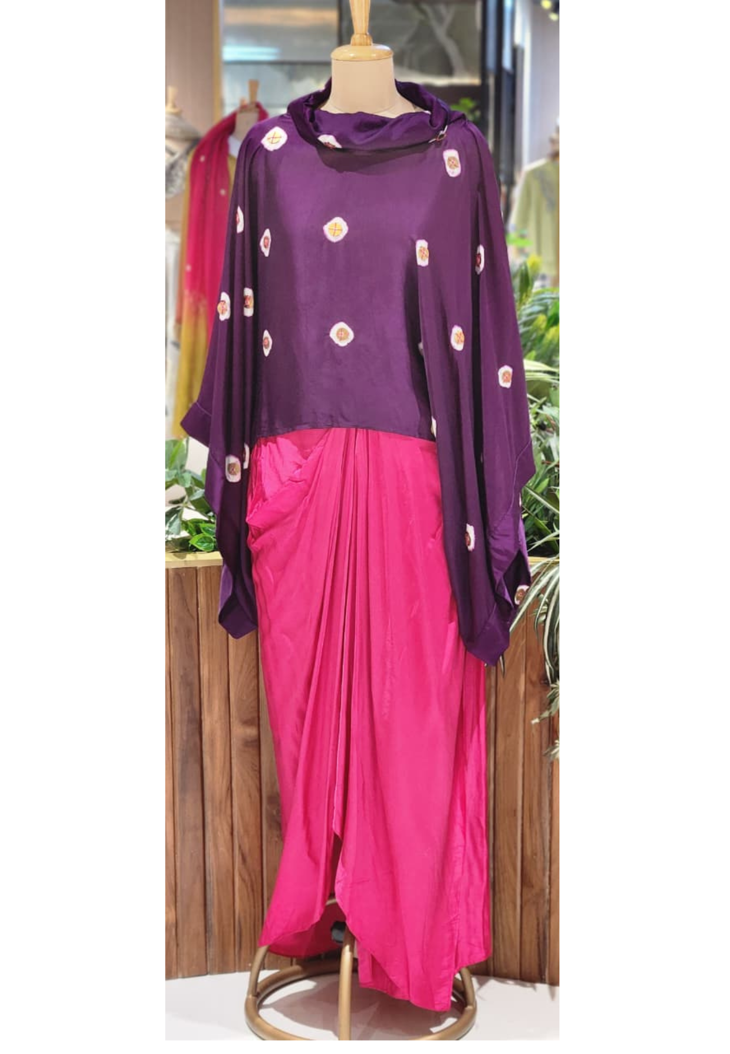 Purple Bandhani Print Cape Top with Fuchsia Pink Dhoti Skirt Bottom Modal Satin Indo-Wear- 14955