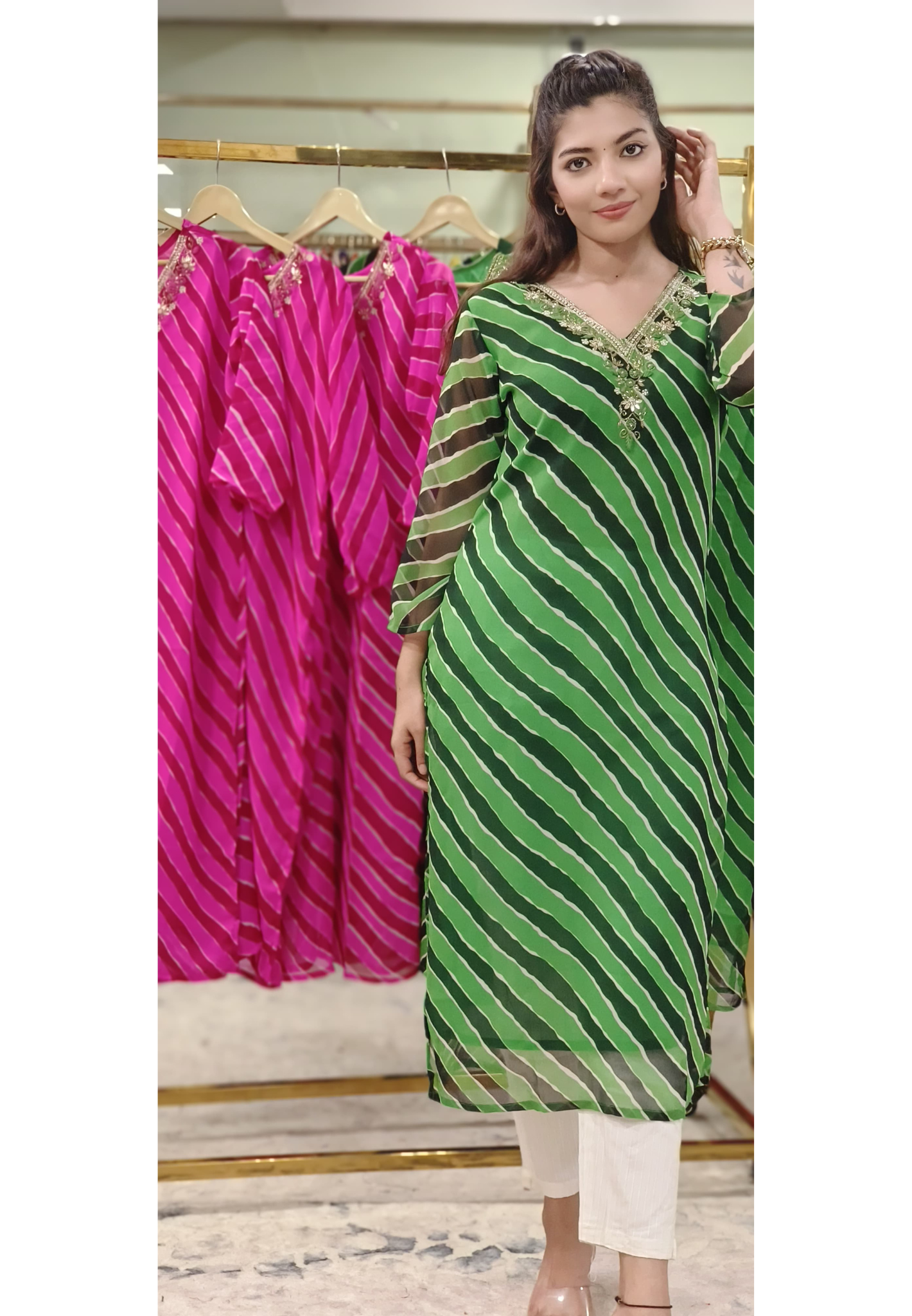 V-Neck Handwork Leheriya Kurti Only In Georgette Fabric