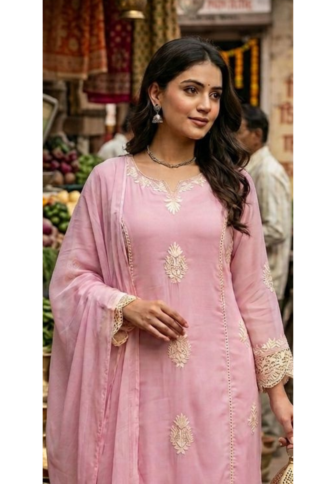 Chikankari Thread Embroidered Pastel Tone Soft A-Line Full Suit Set With Dupatta- 13703