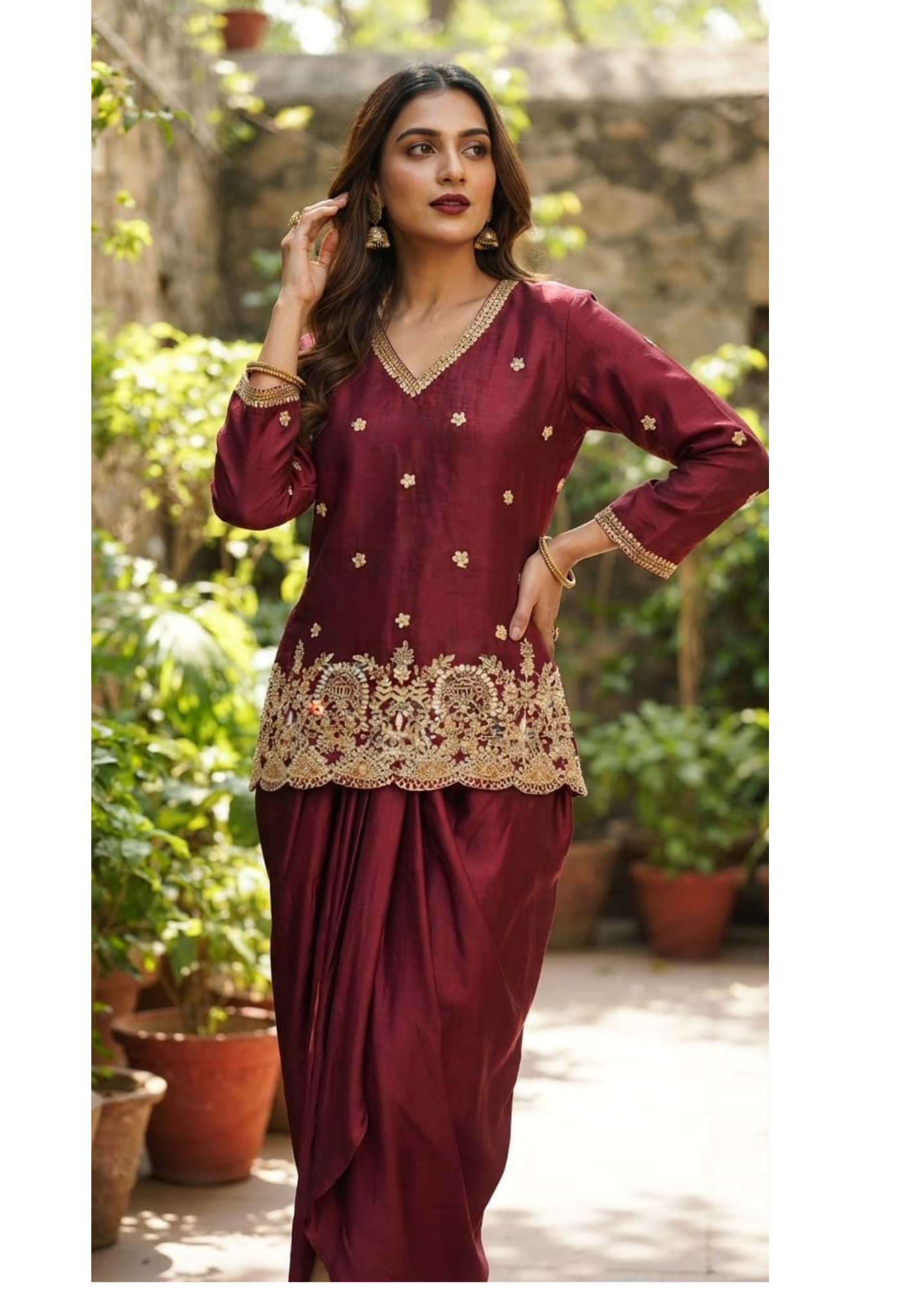Regal Charm Glowy Embroidered Short Kurta and Draped Dhoti Skirt Set In Russian Silk Fabric- 13256