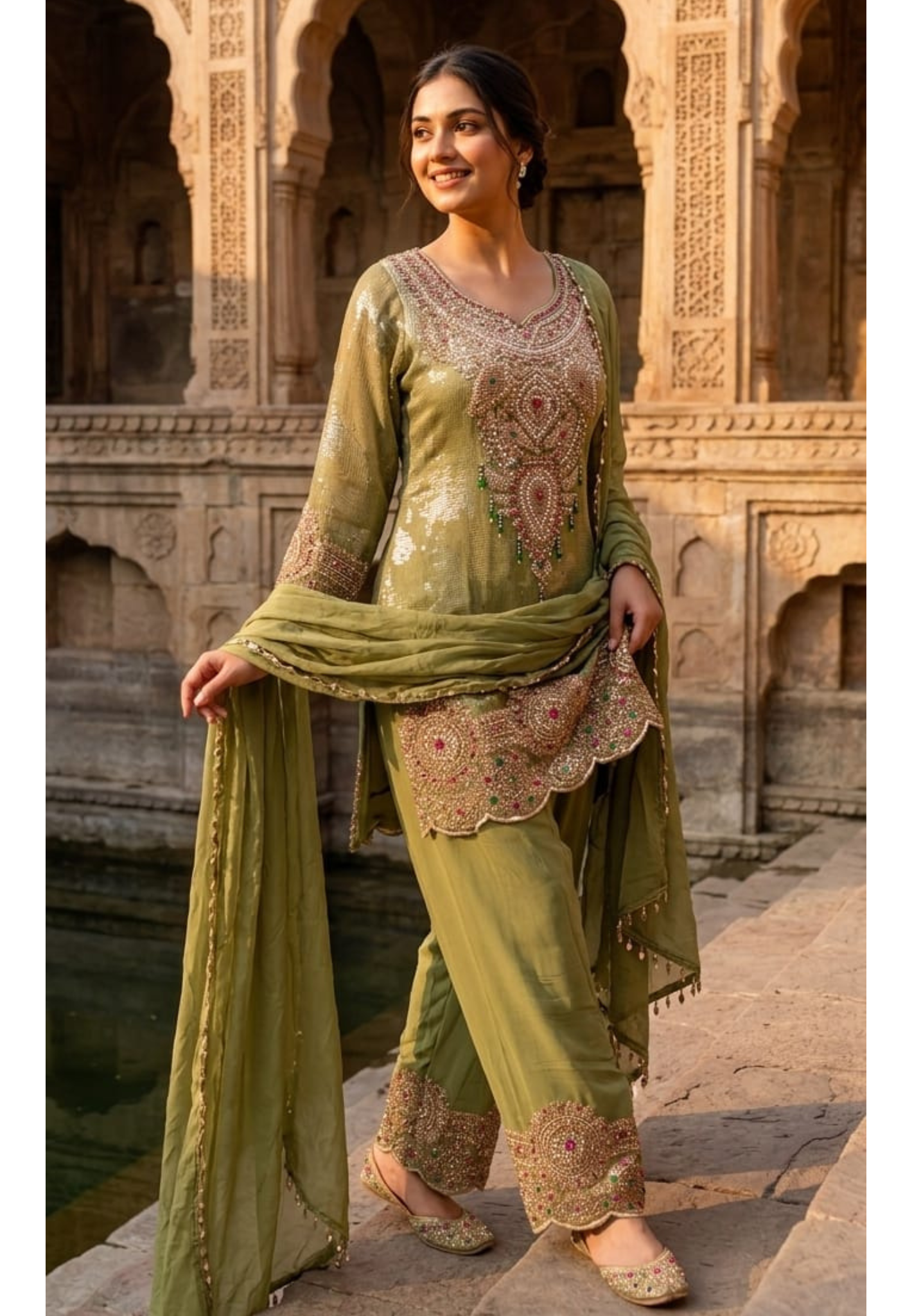 Olive Luxe Heavy Sequin & Multi Stone Embroidered Designer Kurta Palazzo Set with Dupatta-14872
