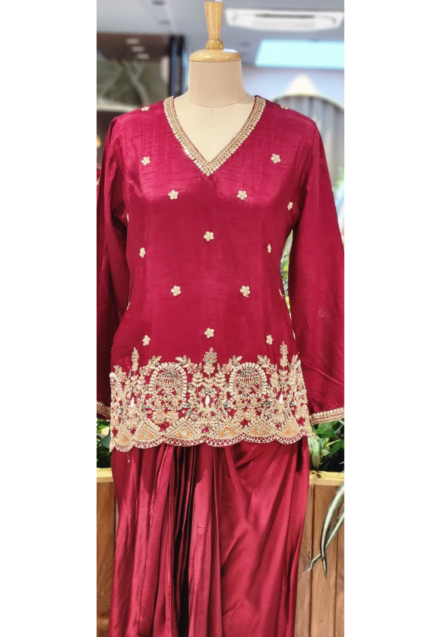Regal Charm Glowy Embroidered Short Kurta and Draped Dhoti Skirt Set In Russian Silk Fabric- 13256