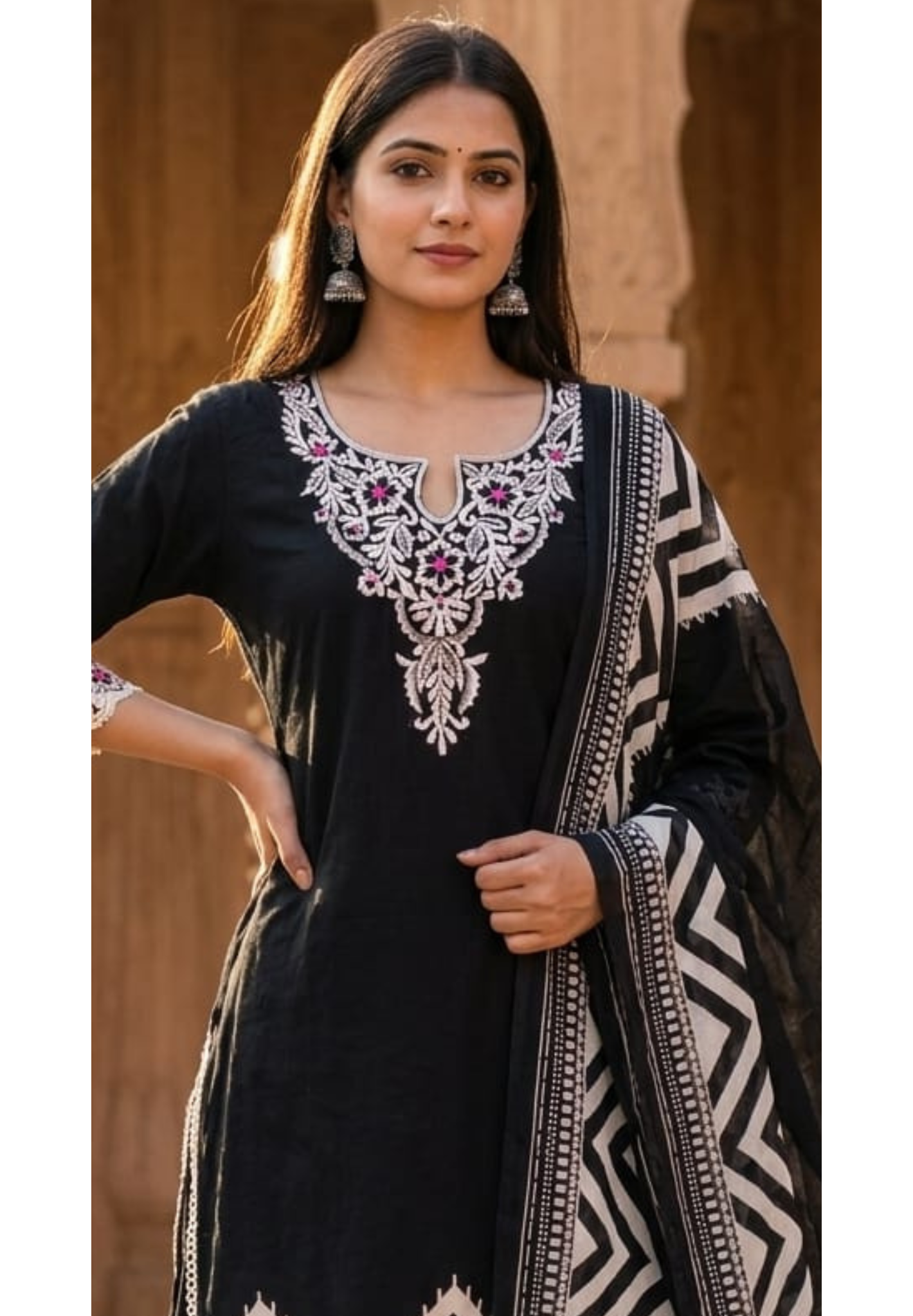 Fine Floral Embroidery Yoke With Striped Accent Cotton Full Suit Set With Dupatta- 14598