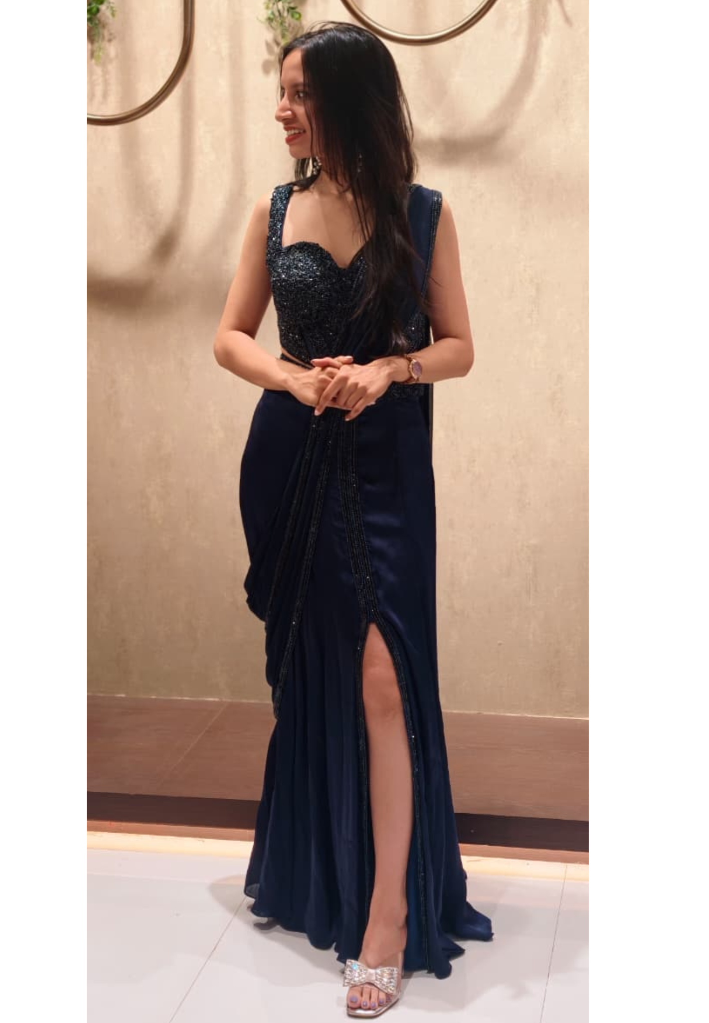 Midnight Royale Luxury Pre-Draped Saree With Slit with Heavy Handwork Corset Detailing-14870 Dispatching After 30 days