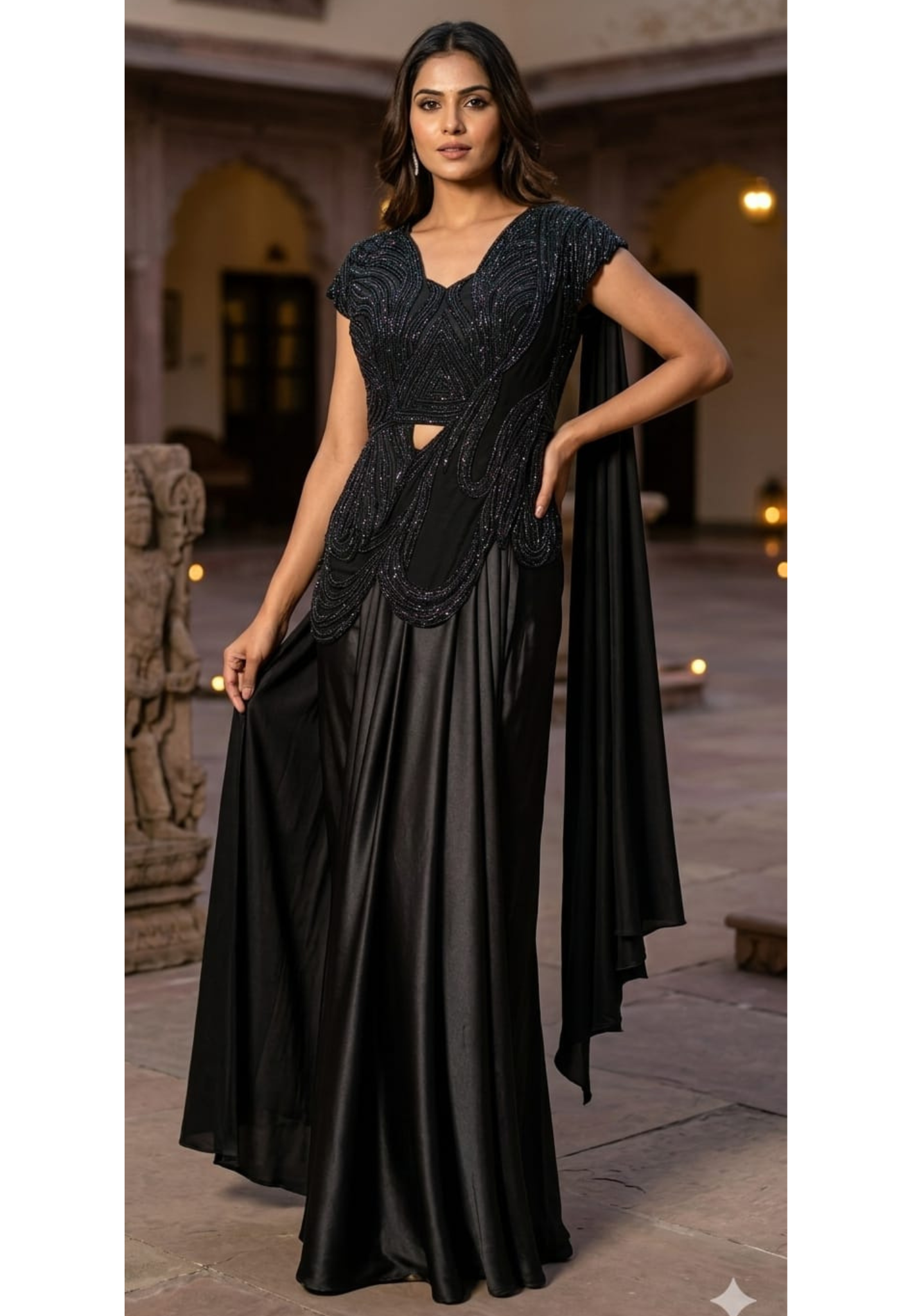 Midnight Noir Luxury Draped Saree Gown with Heavy Sequin & Bead Embellished Corset Blouse-14235-Dispatching after 30 Days