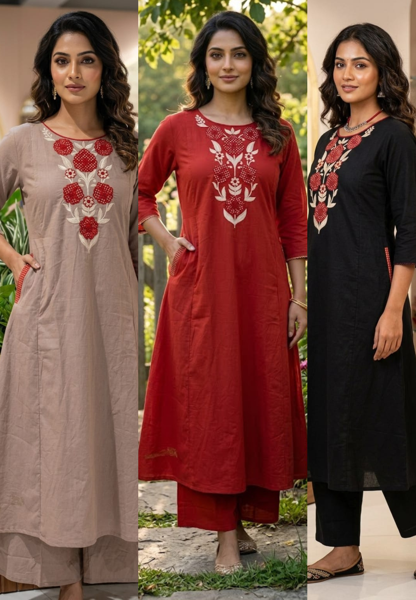 Floral Yoke Thread Embroidered A-Line Cotton Kurta Pant Set With Side Pockets- 13714