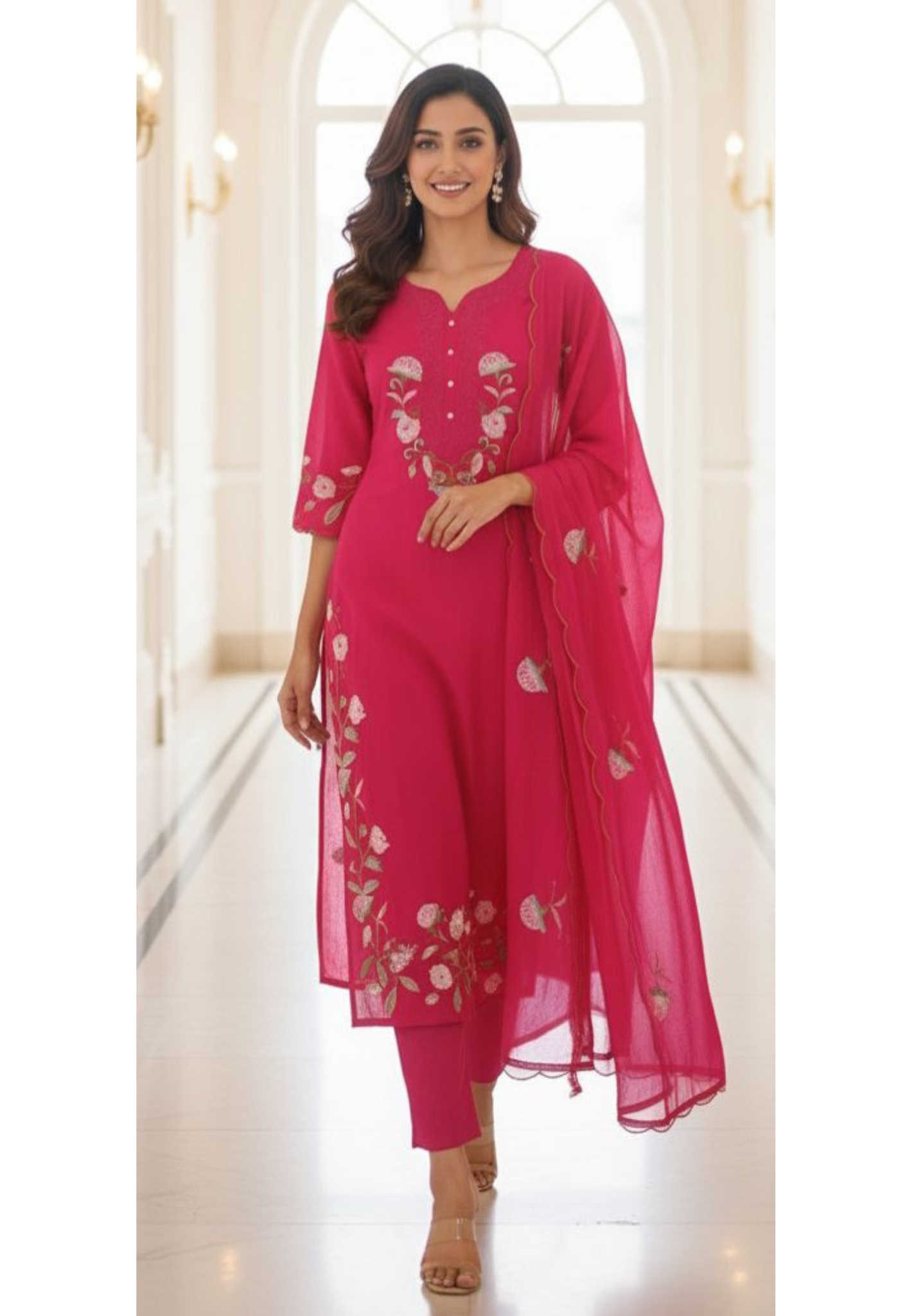 Surat Mulchanderi Suit Set with Front Thread Embroidery, Floral Scallop Dupatta & Matching Bottom-12339,12338,12337